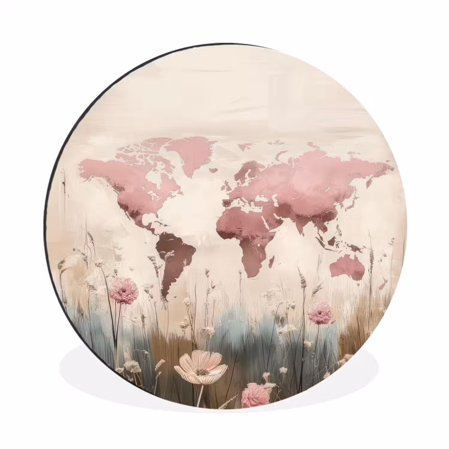 Wereldkaart - Roze - Bloemen Wandcirkel aluminium klein -3d