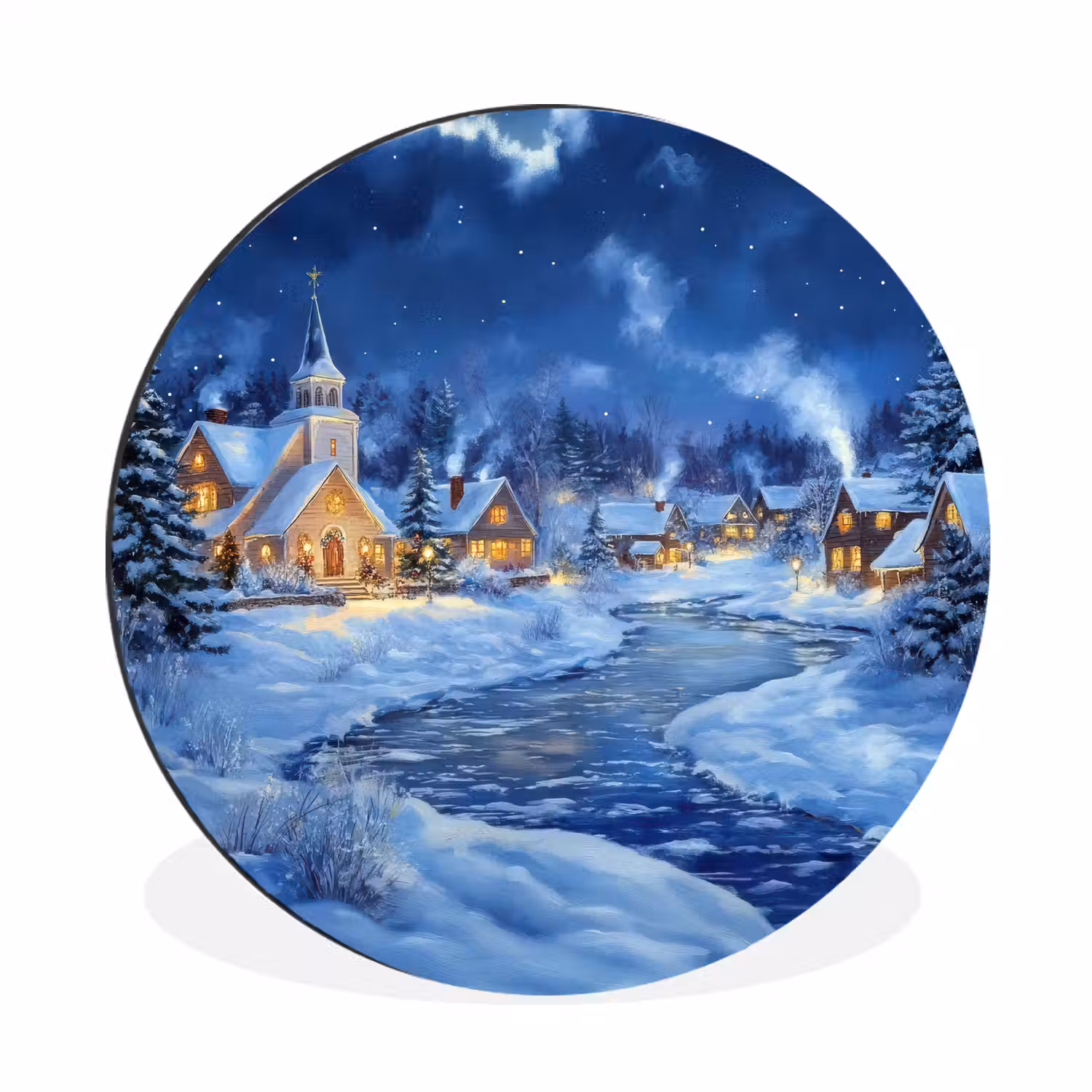 Winteravond - Kerstdorp - Donker Wandcirkel aluminium klein -3d