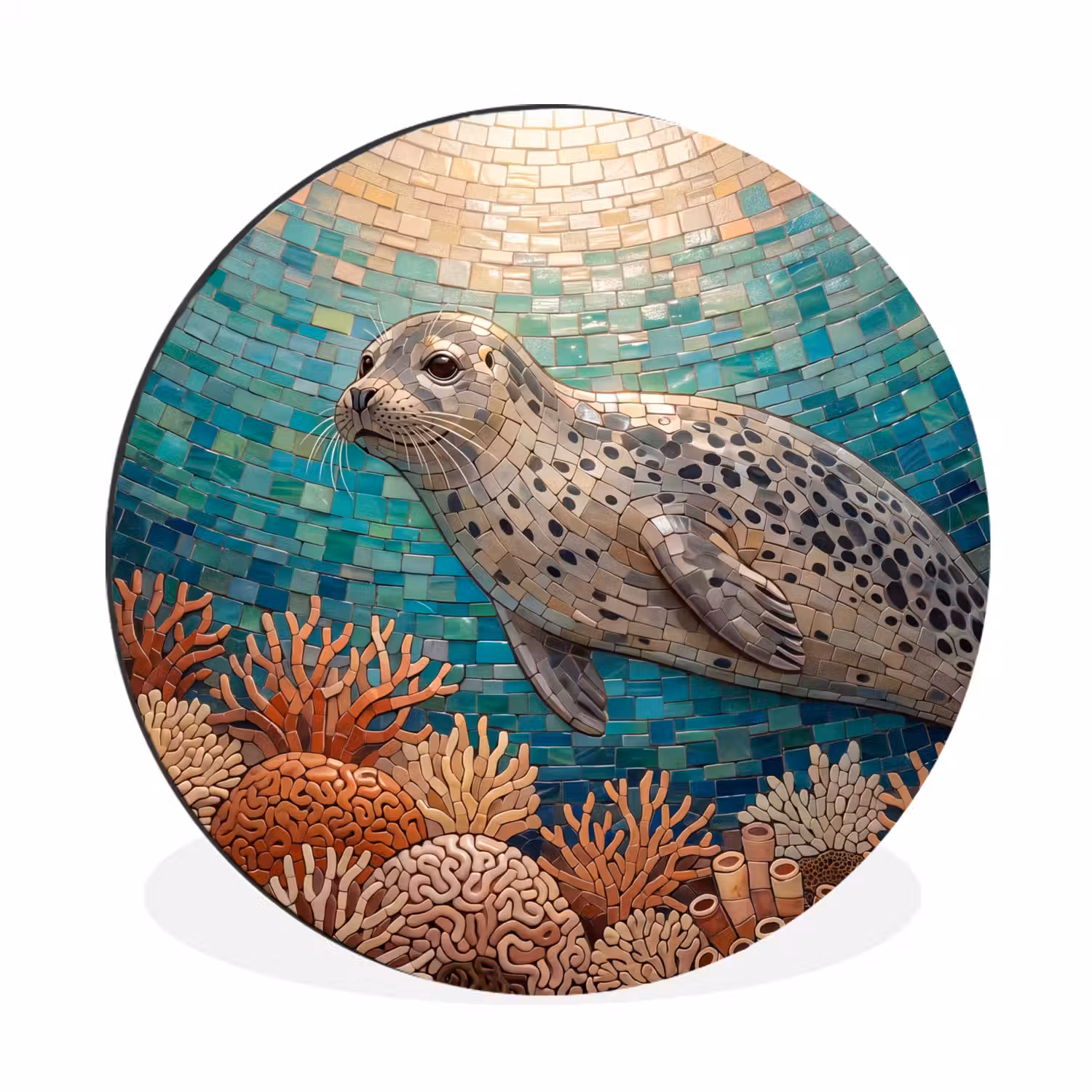 Zeehond - Mozaïek - Onderwater - Dieren - Blauw Wandcirkel aluminium klein -3d