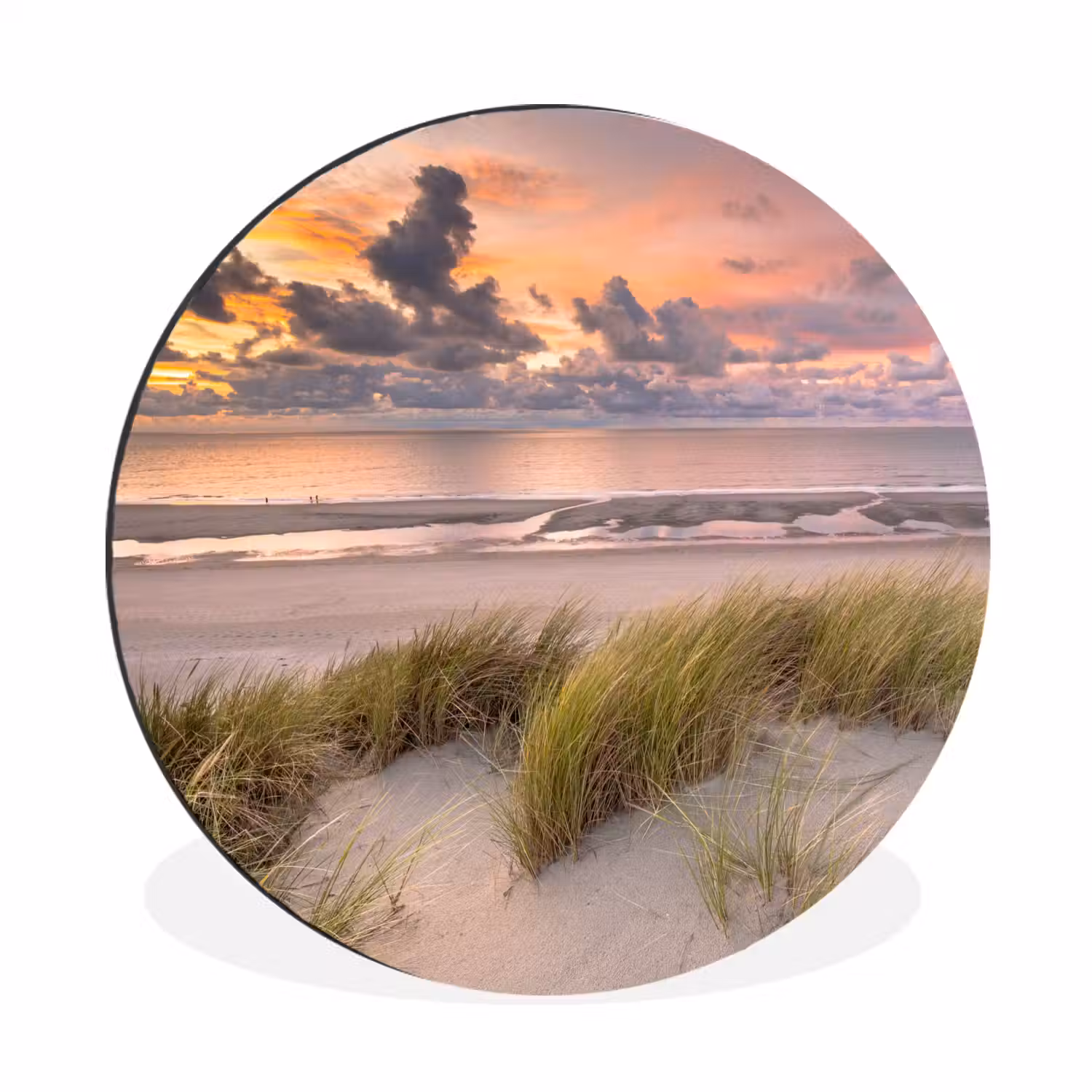 Zonsondergang - Duin - Strand - Planten - Zee Wandcirkel aluminium klein -3d
