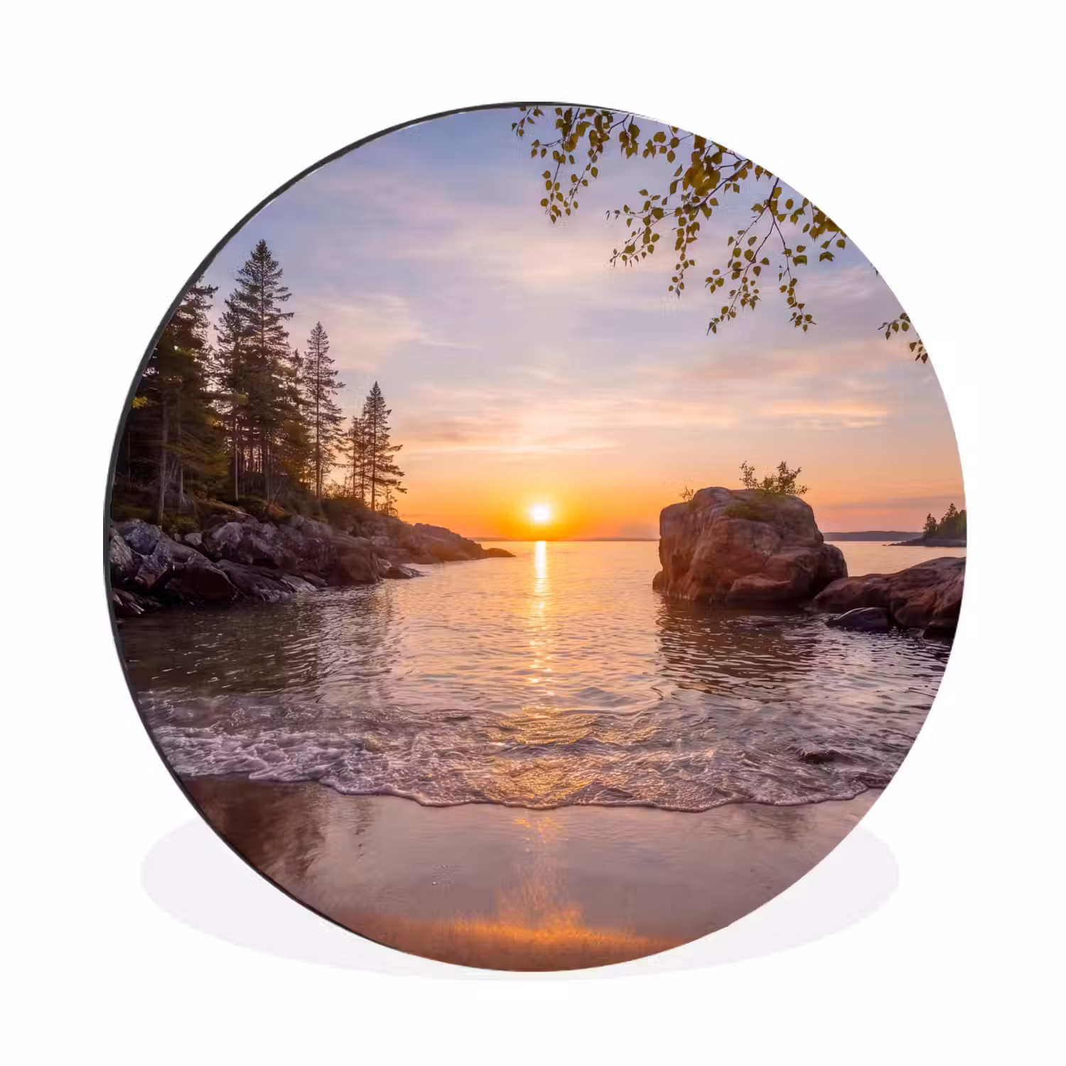 Zonsondergang - Kust - Water - Natuur - Oranje Wandcirkel aluminium klein -3d
