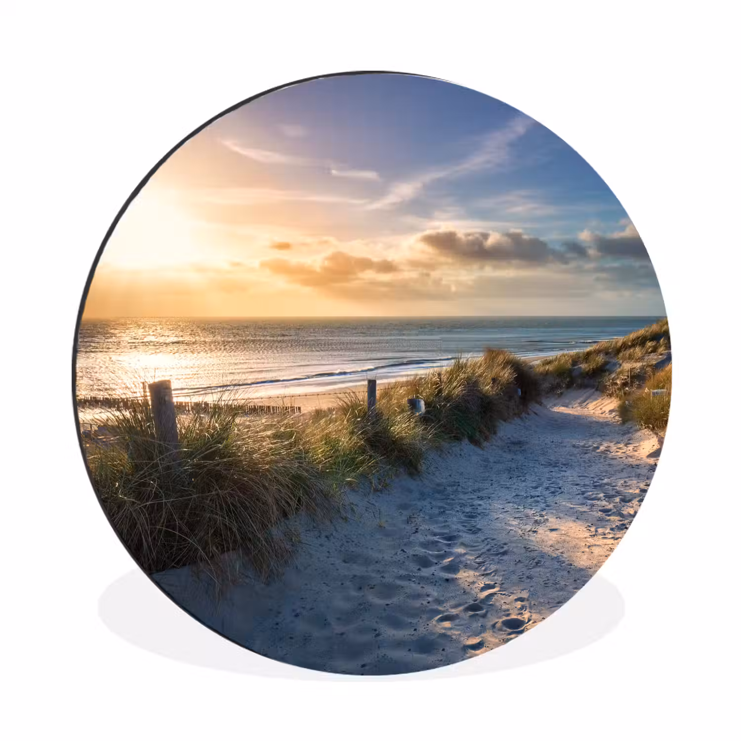 Zonsondergang - Strand - Duin - Gras - Bank Wandcirkel aluminium klein -3d
