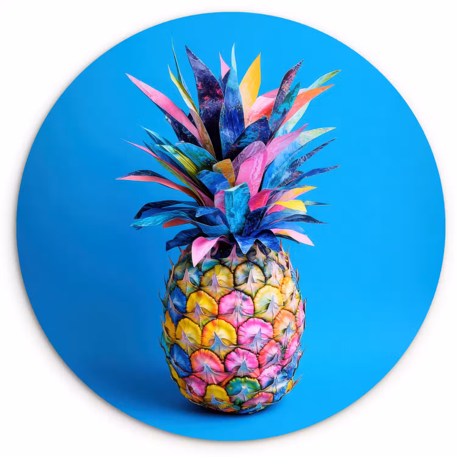 Ananas - Blauw - Tropisch - Vrolijk Wandcirkel kunststof plaat 5mm dik klein -3d