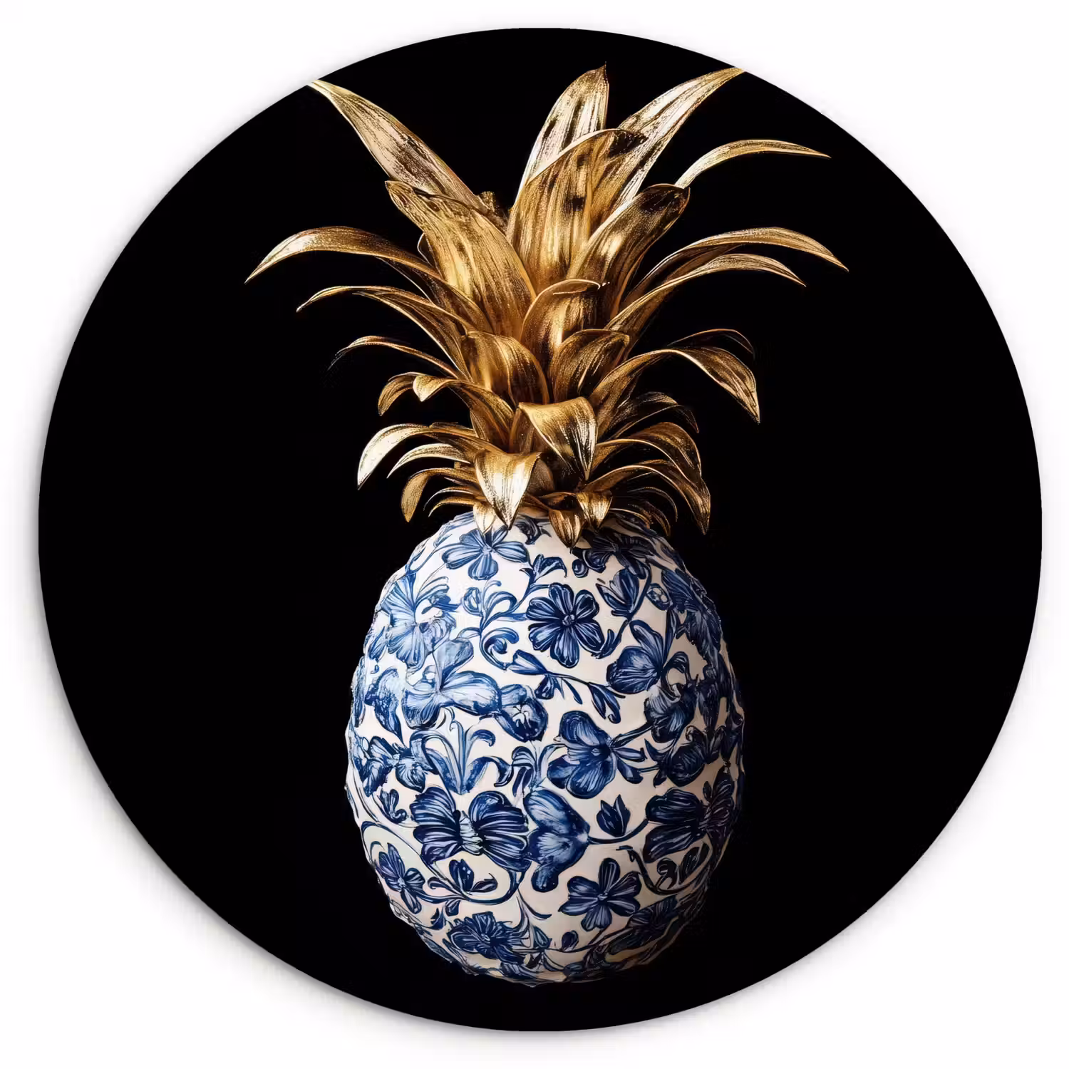 Ananas - Bloemen patroon - Goud - Delftsblauw Wandcirkel kunststof plaat 5mm dik klein -3d