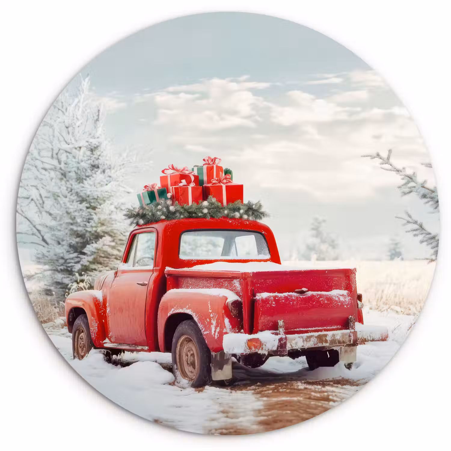 Auto - Rood - Cadeaus - Winter - Sneeuw - Kerst Wandcirkel kunststof plaat 5mm dik klein -3d