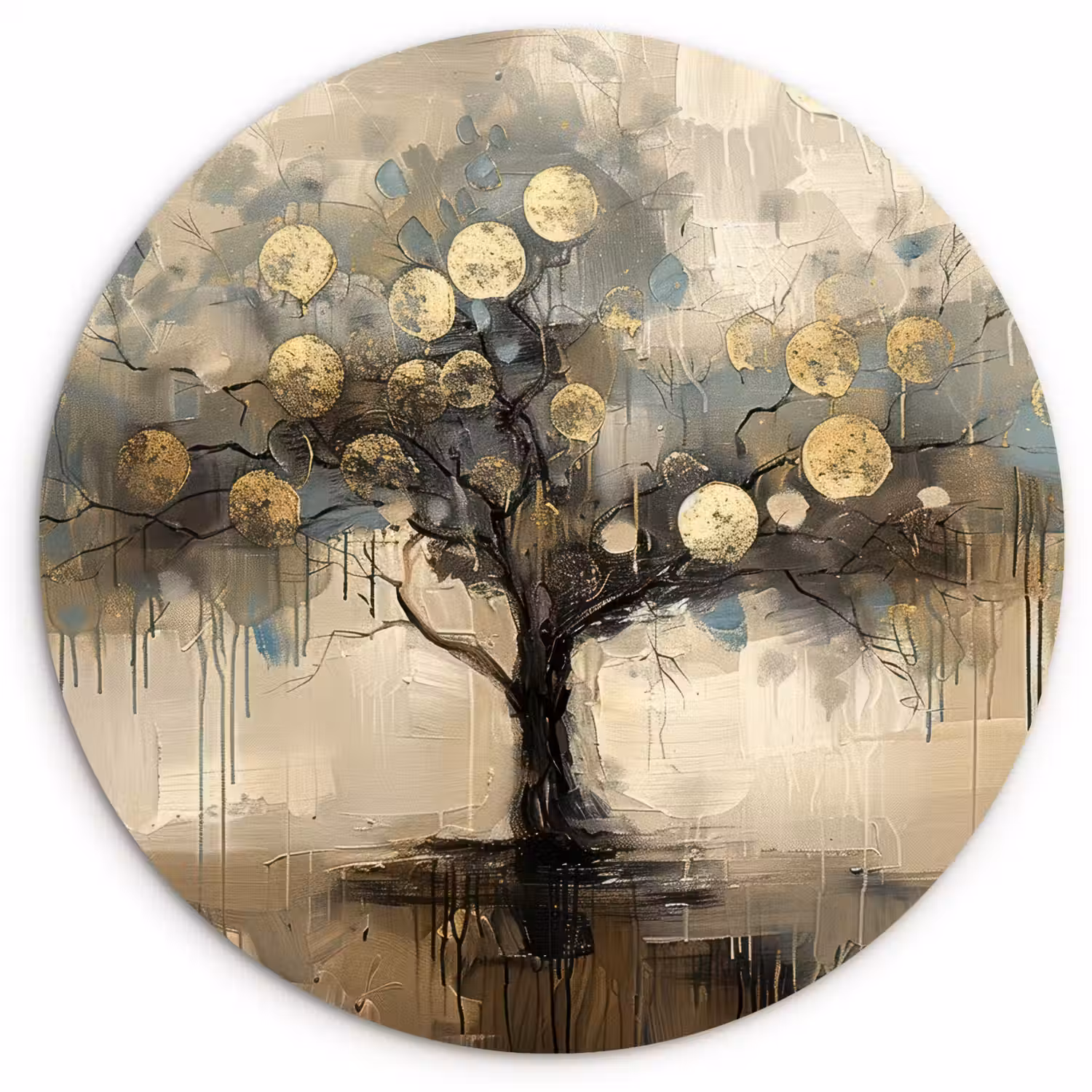 Beige - Abstract - Boom - Goud Wandcirkel kunststof plaat 5mm dik klein -3d