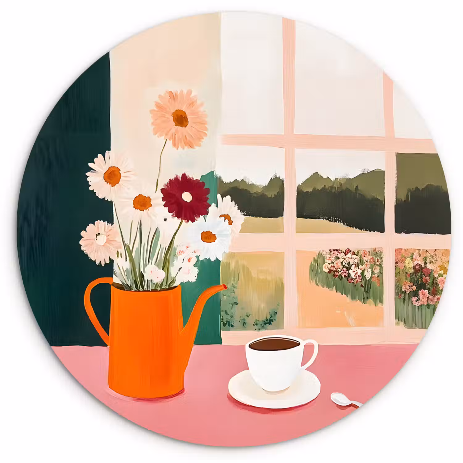 Bloemen - Koffie - Raam Wandcirkel kunststof plaat 5mm dik klein -3d