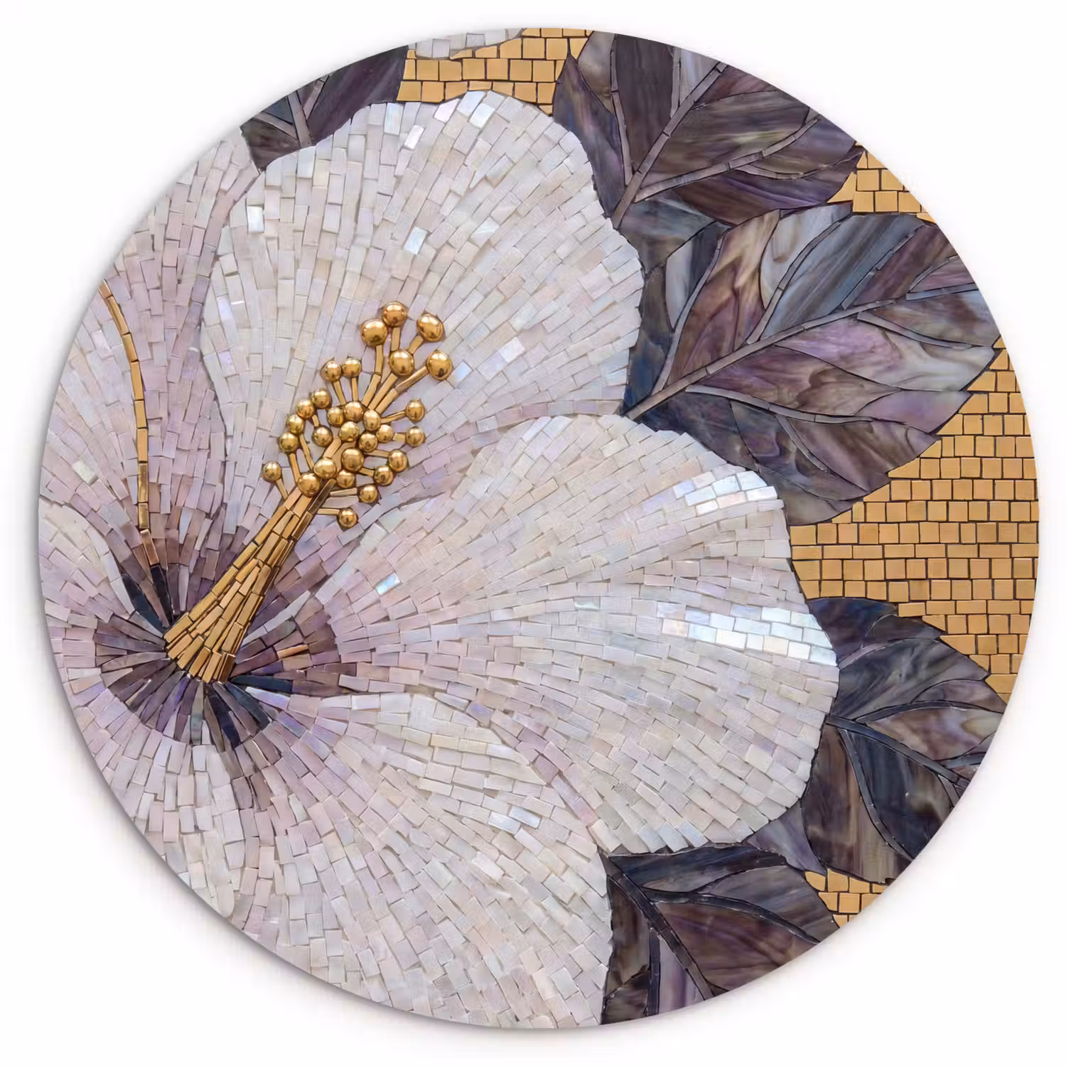 Bloemen - Mozaïek - Kunst - Modern - Goud Wandcirkel kunststof plaat 5mm dik klein -3d