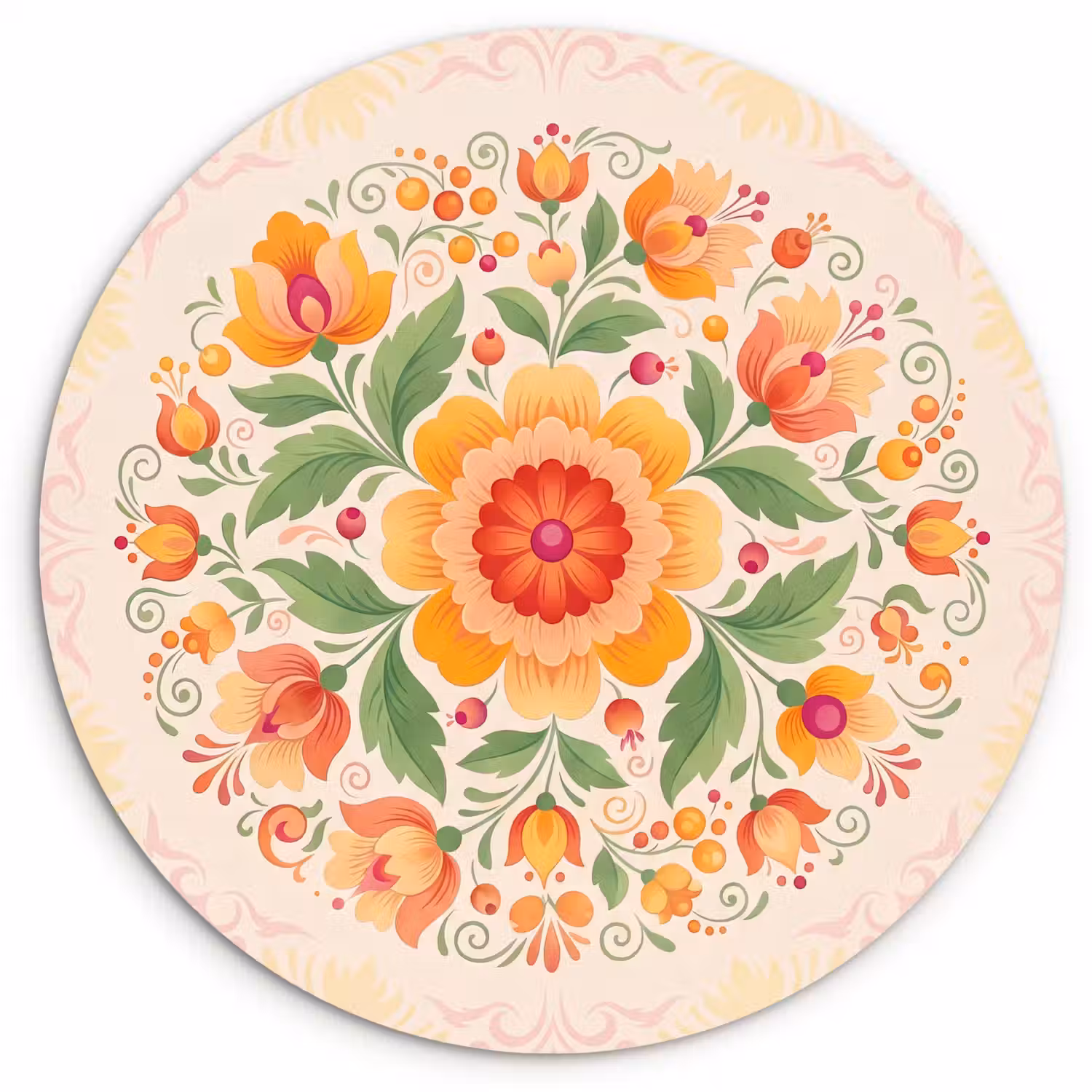Bloemen - Patroon - Decoratief - Oranje Wandcirkel kunststof plaat 5mm dik klein -3d