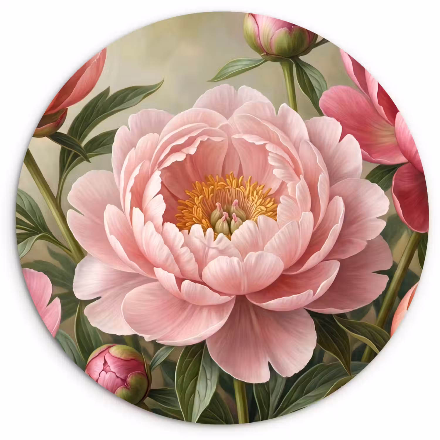 Bloemen - Roze - Klassiek - Gedetailleerd - Natuur Wandcirkel kunststof plaat 5mm dik klein -3d