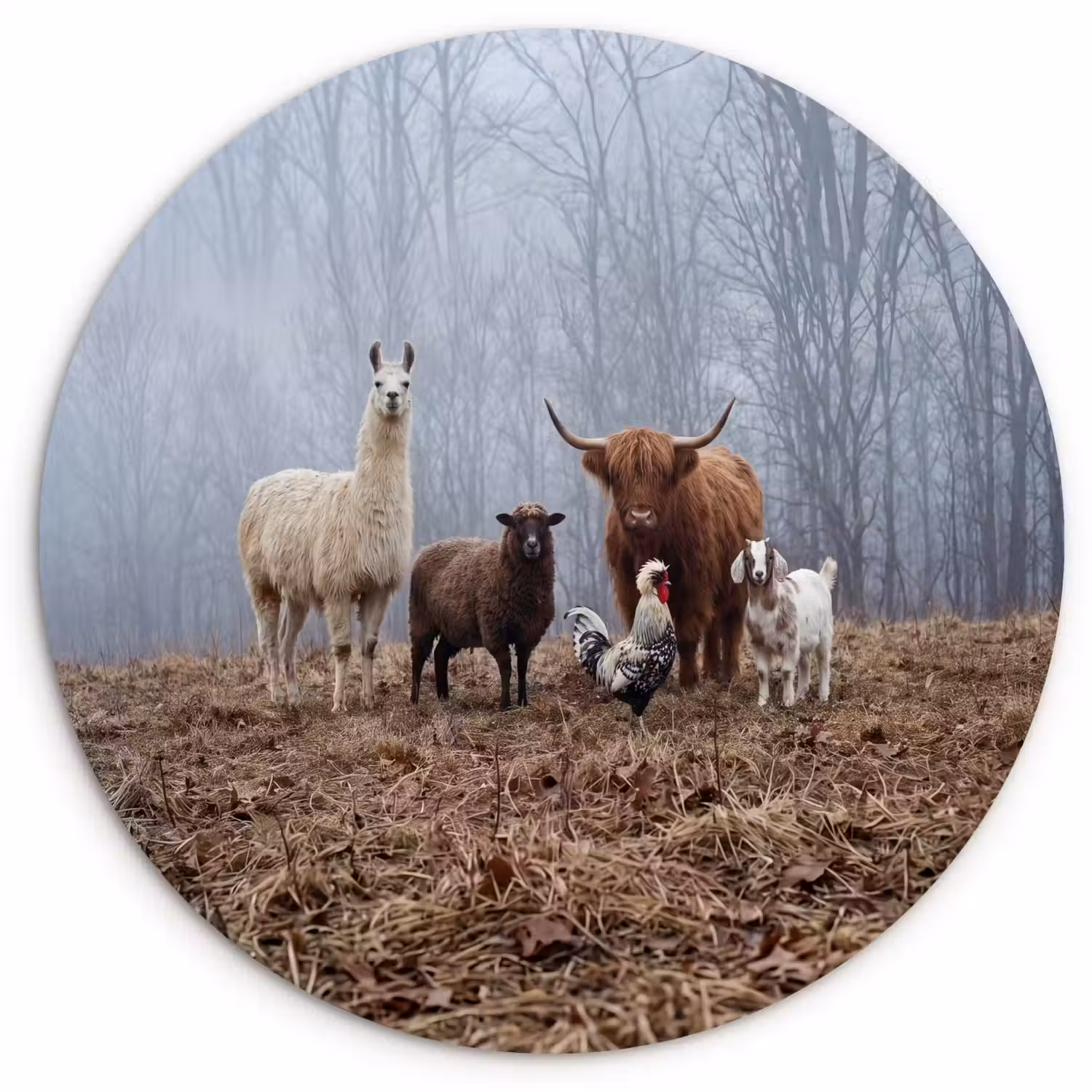 Boerderijdieren - Groep - Mist - Natuur - Rustiek Wandcirkel kunststof plaat 5mm dik klein -3d