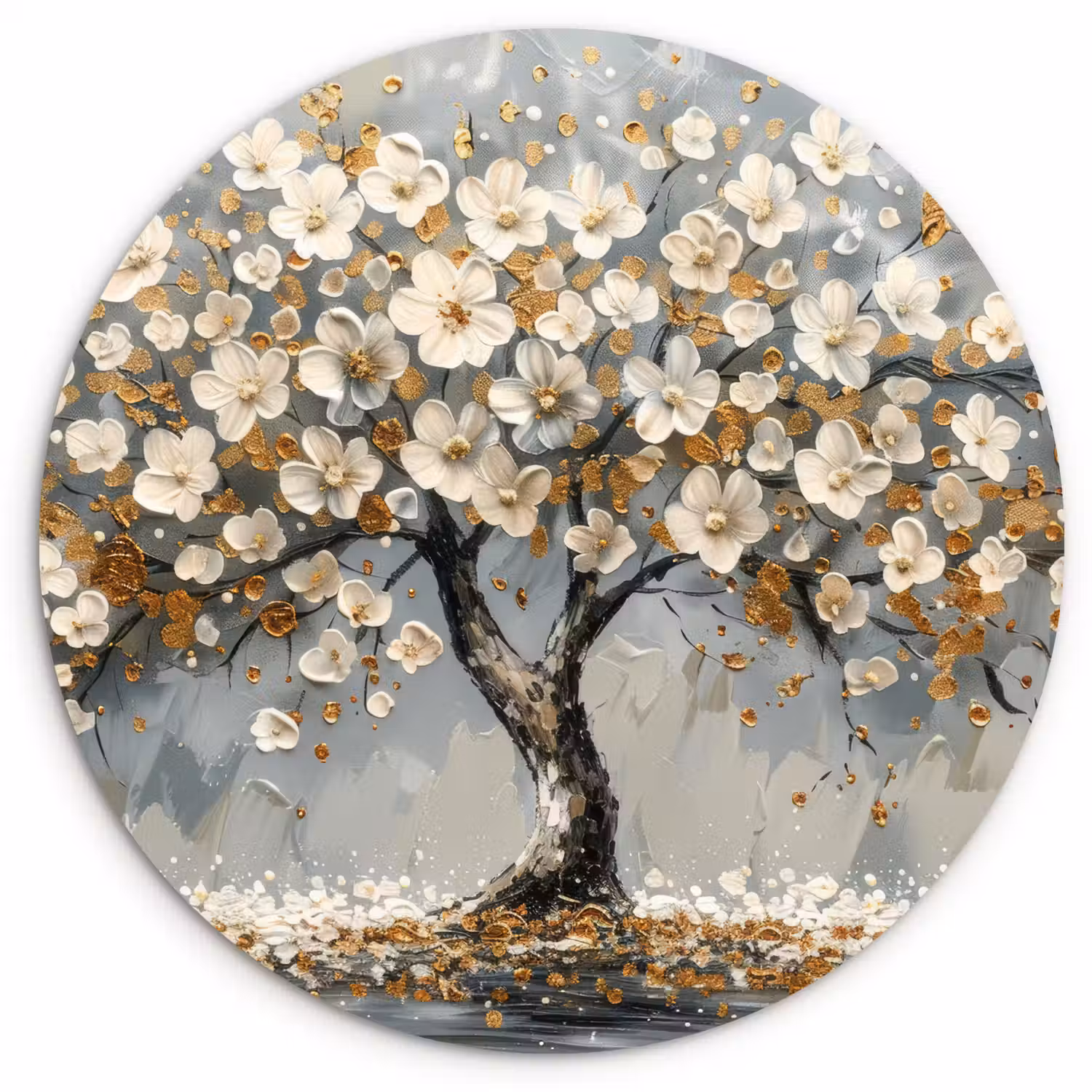 Boom - Bloemen - Wit - Natuur - Kunst Wandcirkel kunststof plaat 5mm dik klein -3d
