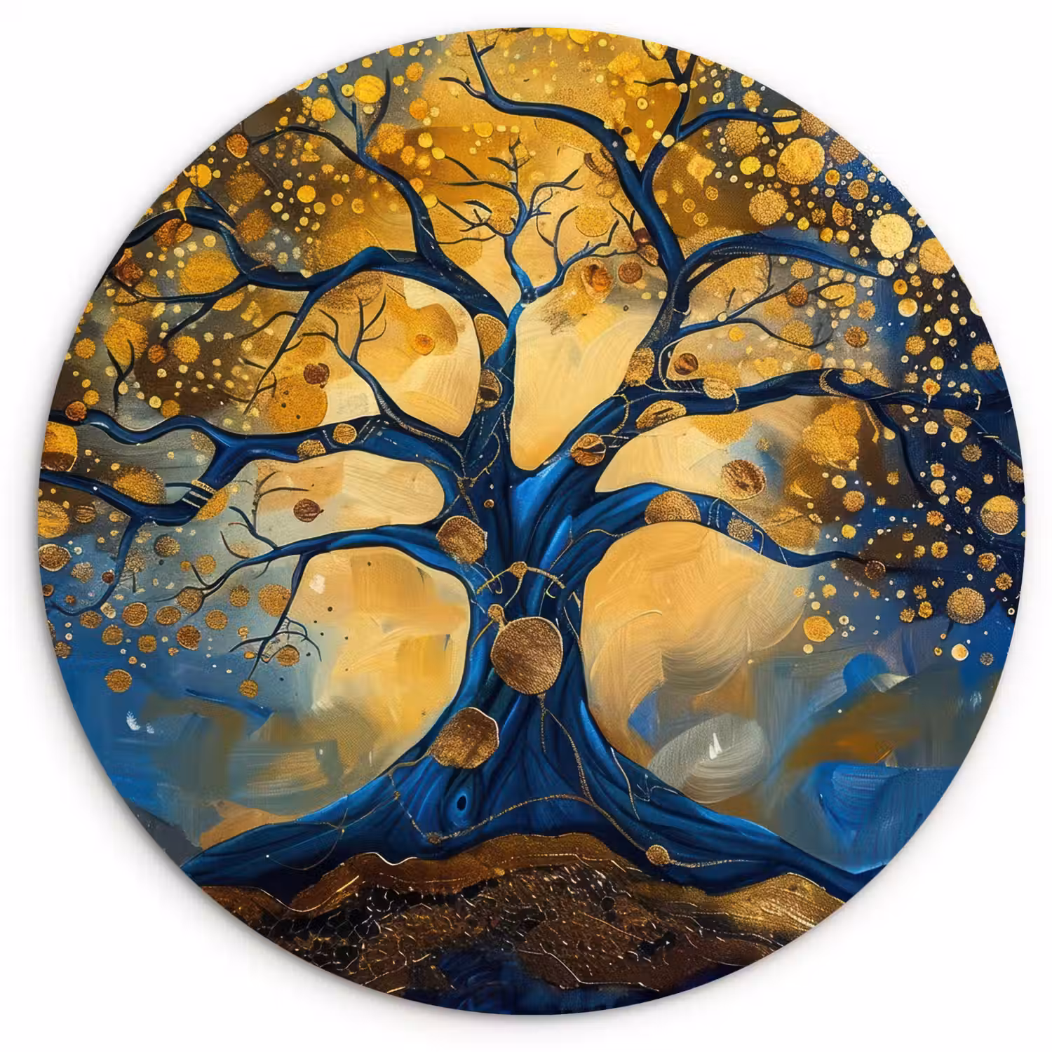 Boom - Levensboom - Blauw - Goud Wandcirkel kunststof plaat 5mm dik klein -3d