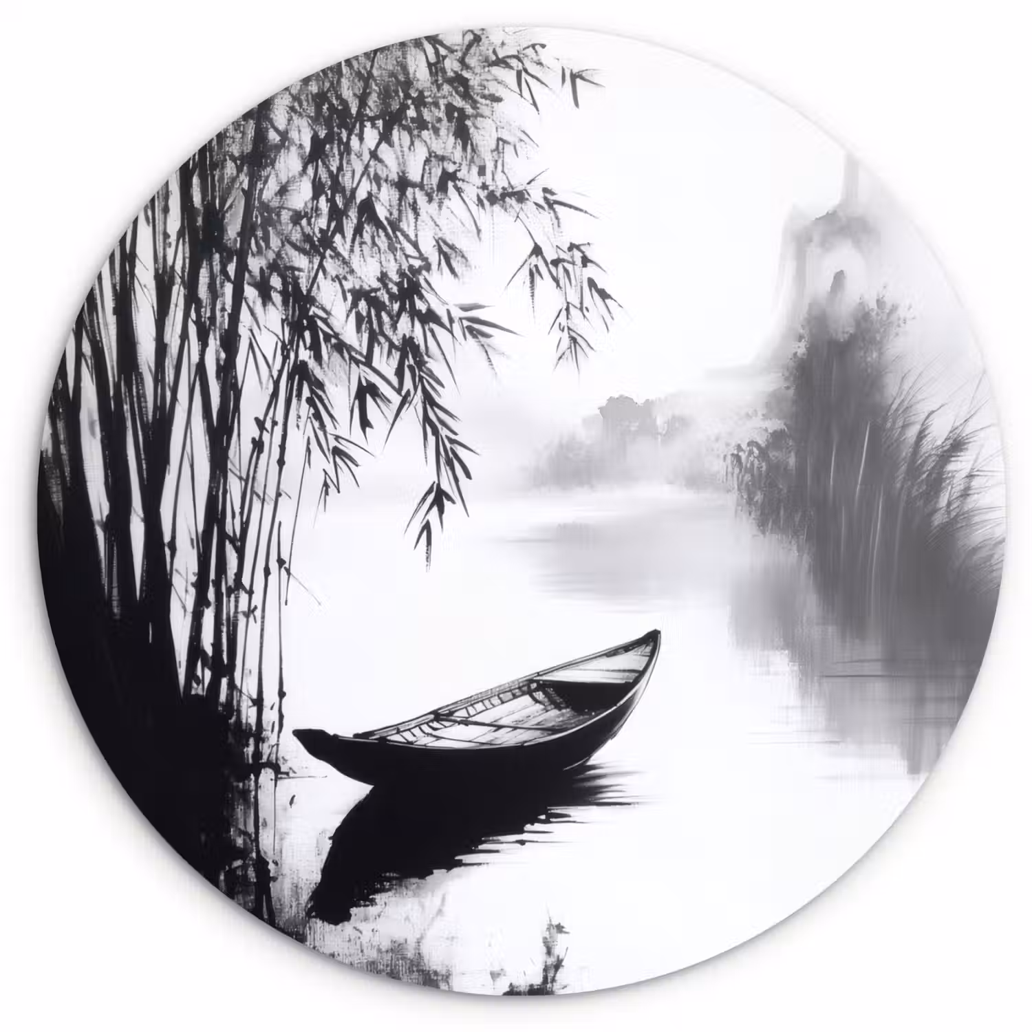 Boot - Rivier - Bamboe - Wit Wandcirkel kunststof plaat 5mm dik klein -3d