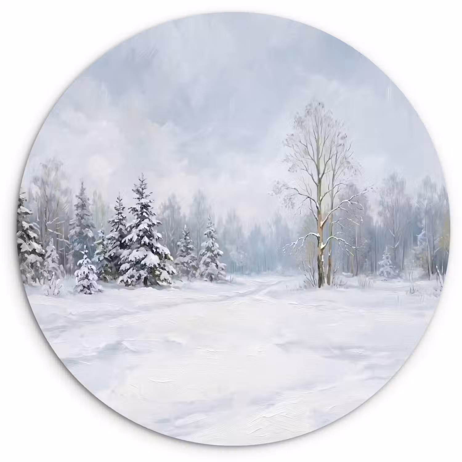 Bospad - Dennen - Sneeuw - Winter - Rustgevend Wandcirkel kunststof plaat 5mm dik klein -3d