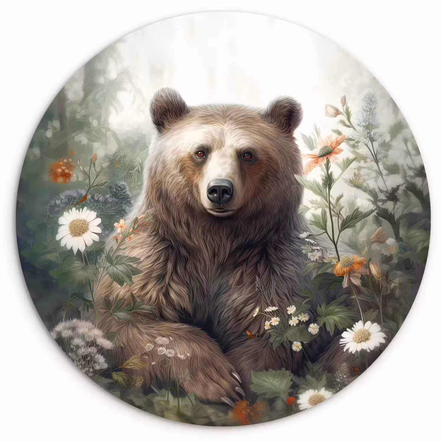 Bruine beer - Wilde dieren - Bloemen - Planten Wandcirkel kunststof plaat 5mm dik klein -3d