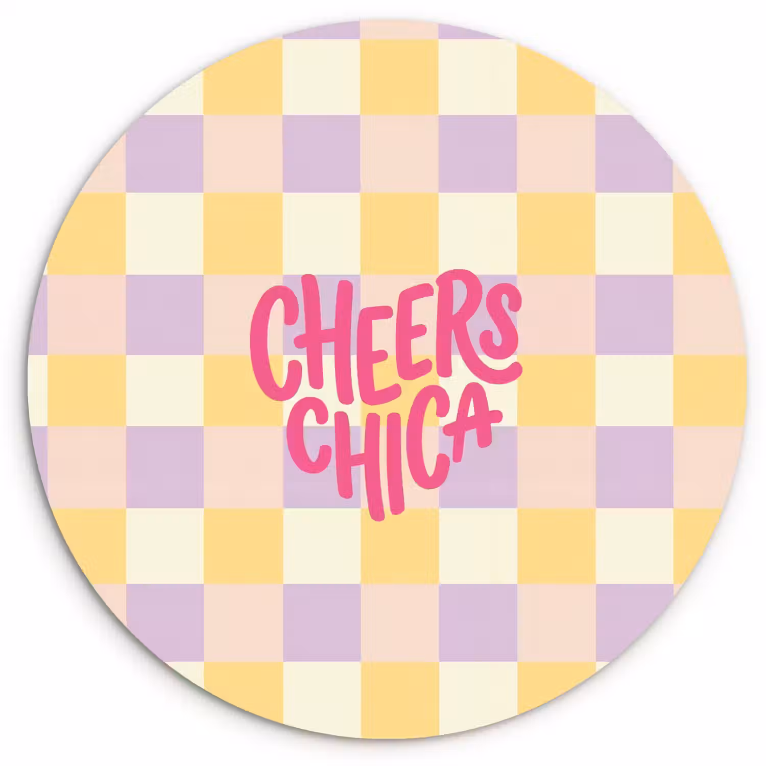 Cheers Chica - Ruitjes - Lila - Geel Wandcirkel kunststof plaat 5mm dik klein -3d