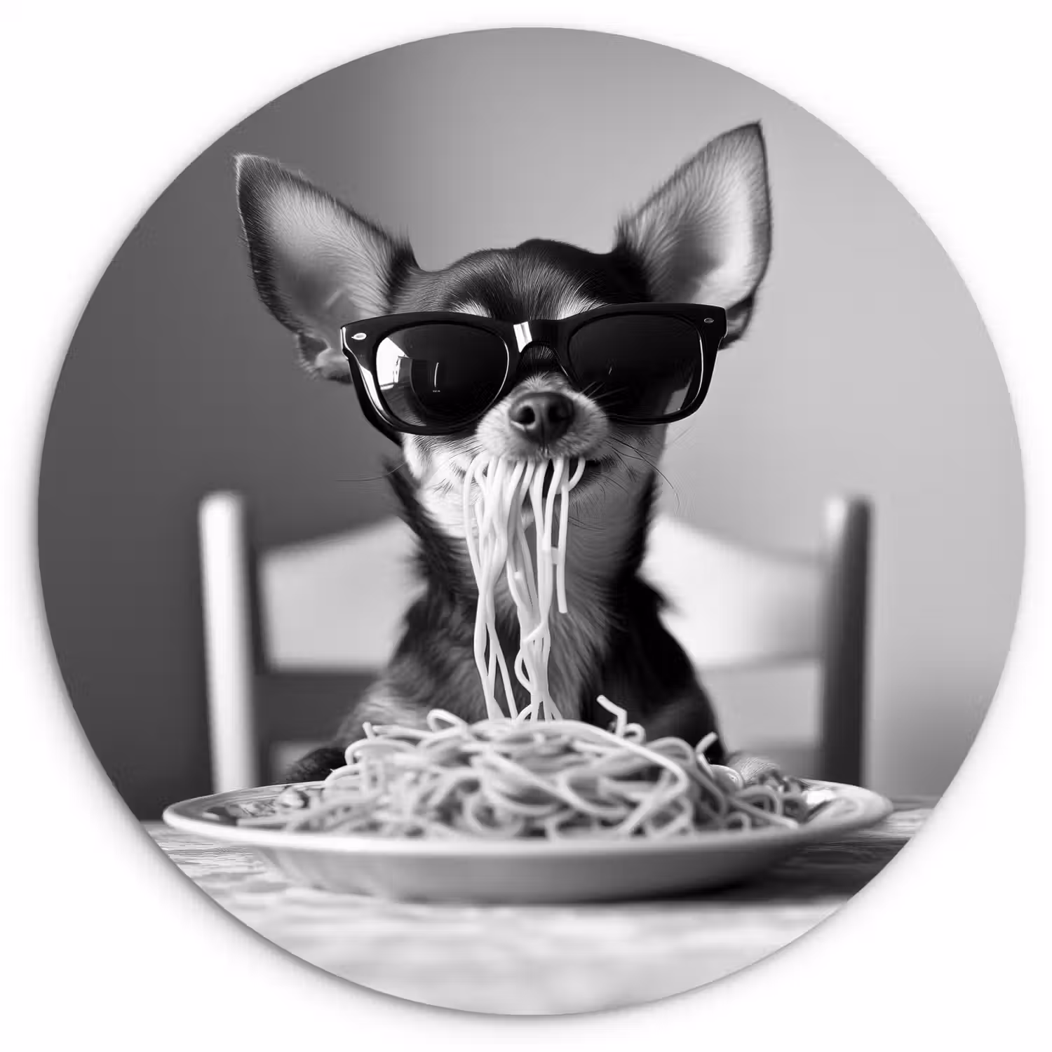 Chihuahua - Hond - Zonnebril - Humoristisch - Zwart - Wit - Spaghetti Wandcirkel kunststof plaat 5mm dik klein -3d