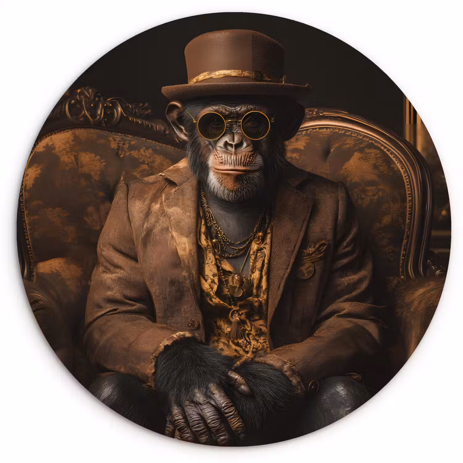 Chimpansee - Stoel - Pak - Bruin Wandcirkel kunststof plaat 5mm dik klein -3d