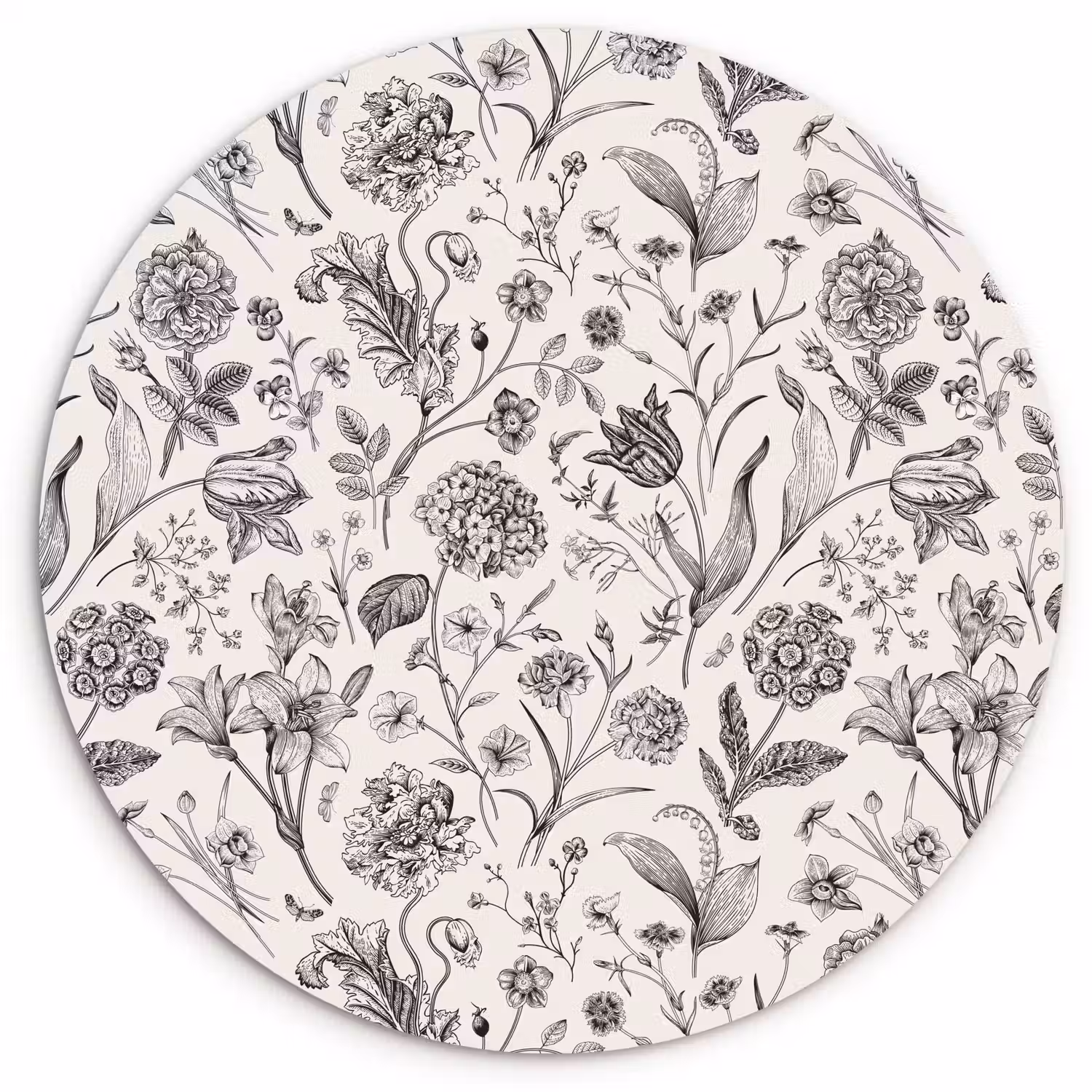 Classic - Black - White - Floral Wandcirkel kunststof plaat 5mm dik klein 188 -3d