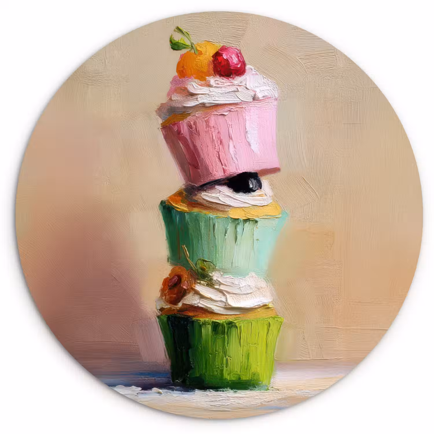 Cupcakes - Gestapeld - Kleurrijk - Fruit Wandcirkel kunststof plaat 5mm dik klein -3d
