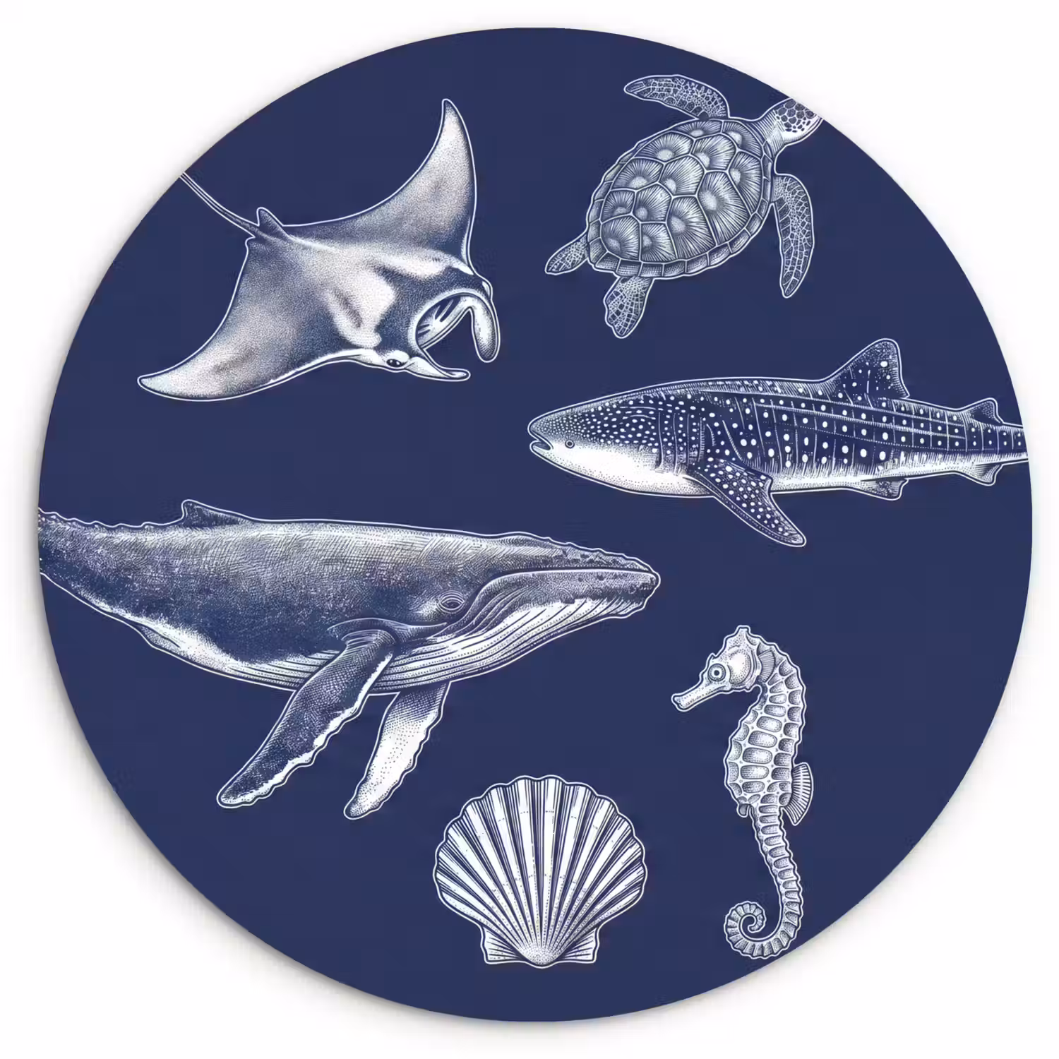 Dieren - Zeeleven - Oceaan - Graveren - Blauw Wandcirkel kunststof plaat 5mm dik klein -3d