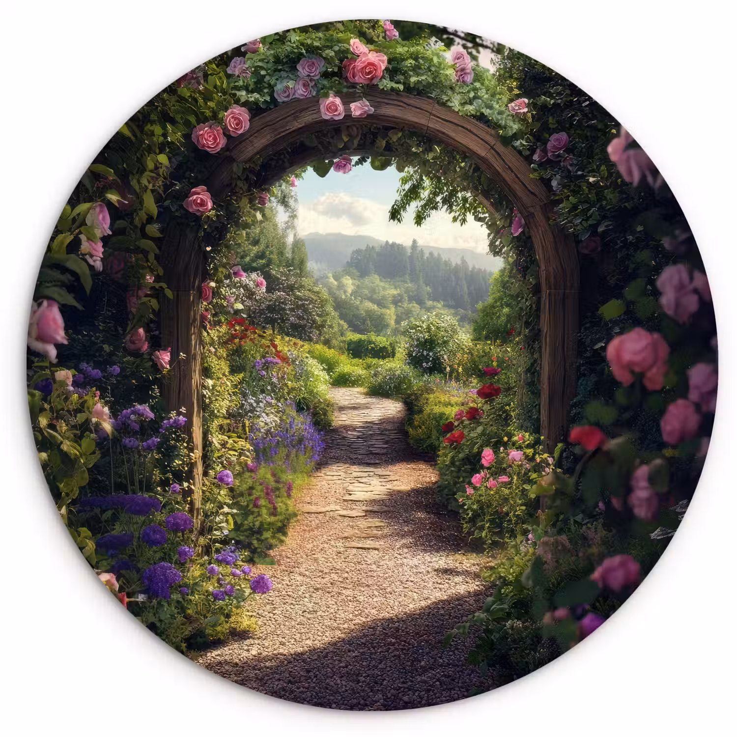 Doorkijk - Landschap - Bloemen - Rozenboog - Natuur Wandcirkel kunststof plaat 5mm dik klein -3d