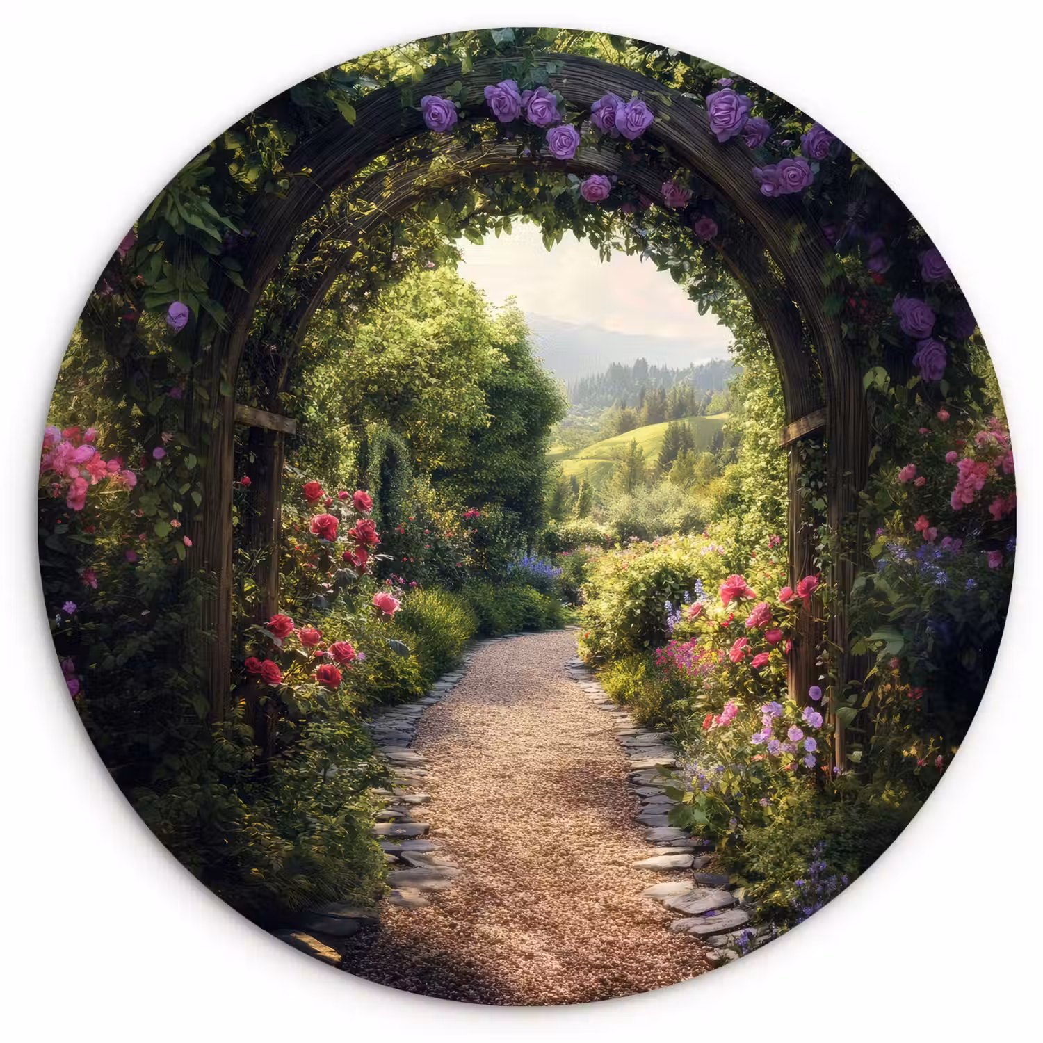 Doorkijk - Landschap - Bloemen - Tuinboog - Natuur Wandcirkel kunststof plaat 5mm dik klein -3d