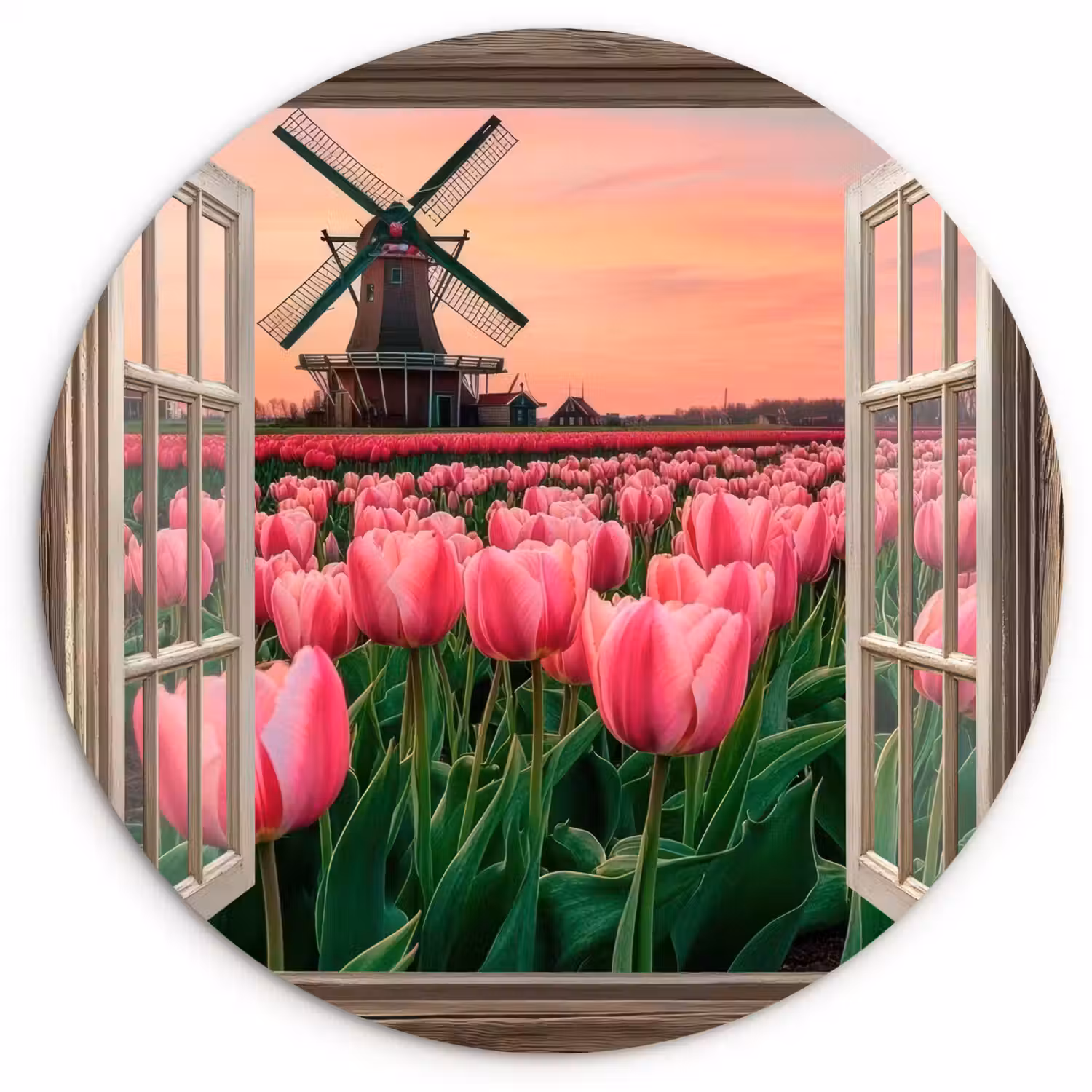Doorkijk - Tulpen - Bloemen - Molen - Raam Wandcirkel kunststof plaat 5mm dik klein -3d