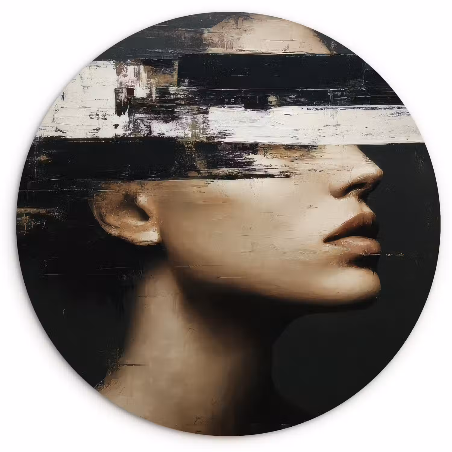 Gezicht - Vrouw - Zwart - Abstract Wandcirkel kunststof plaat 5mm dik klein -3d