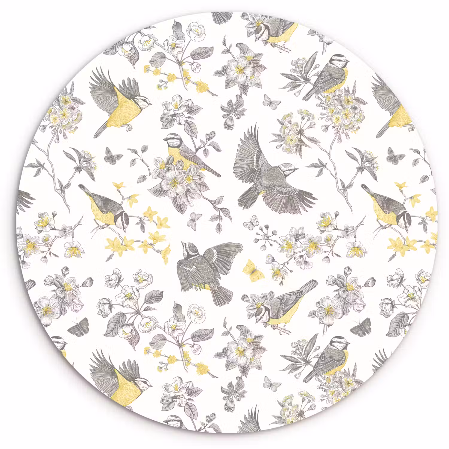 Birds - Flowers - Gray - Yellow Wandcirkel plexiglas klein 852 -3d