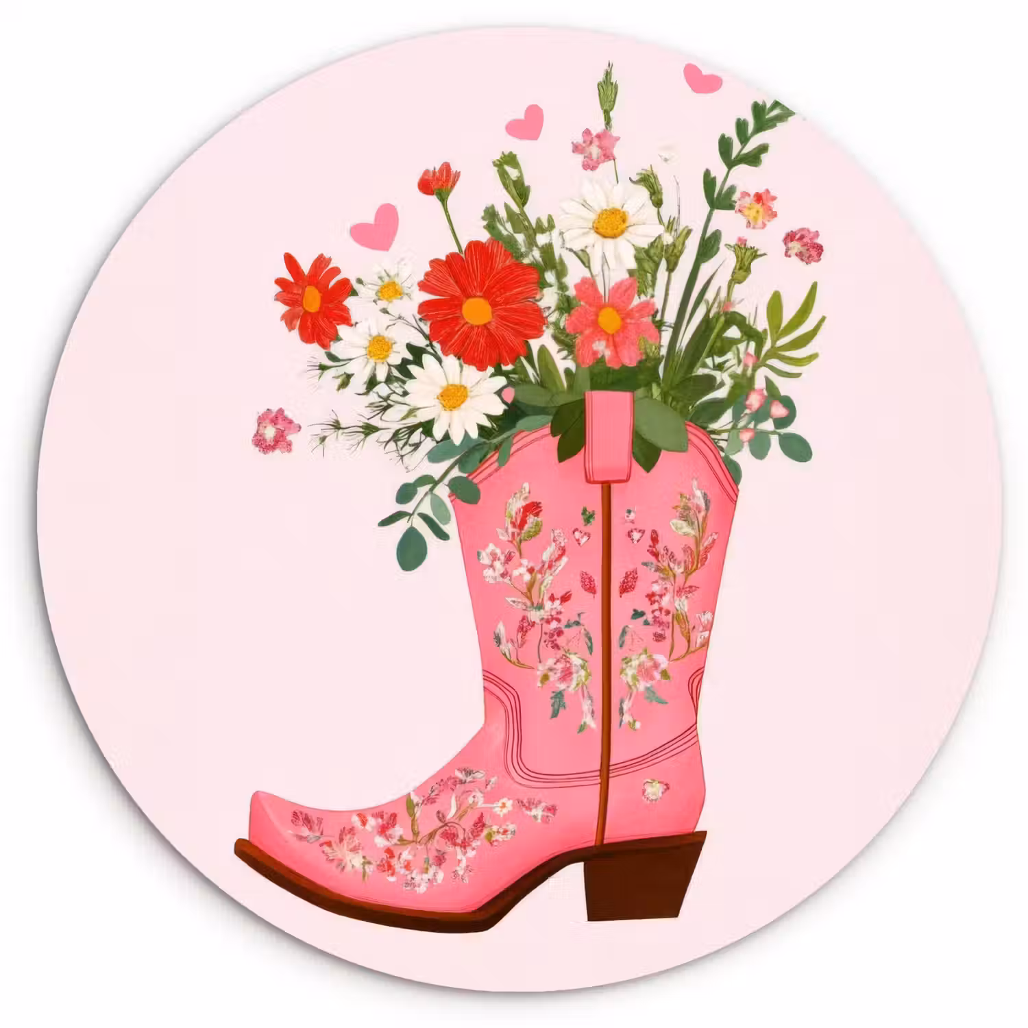 Cowboylaarzen - Roze - Boeket - Bloemen Wandcirkel plexiglas klein -3d