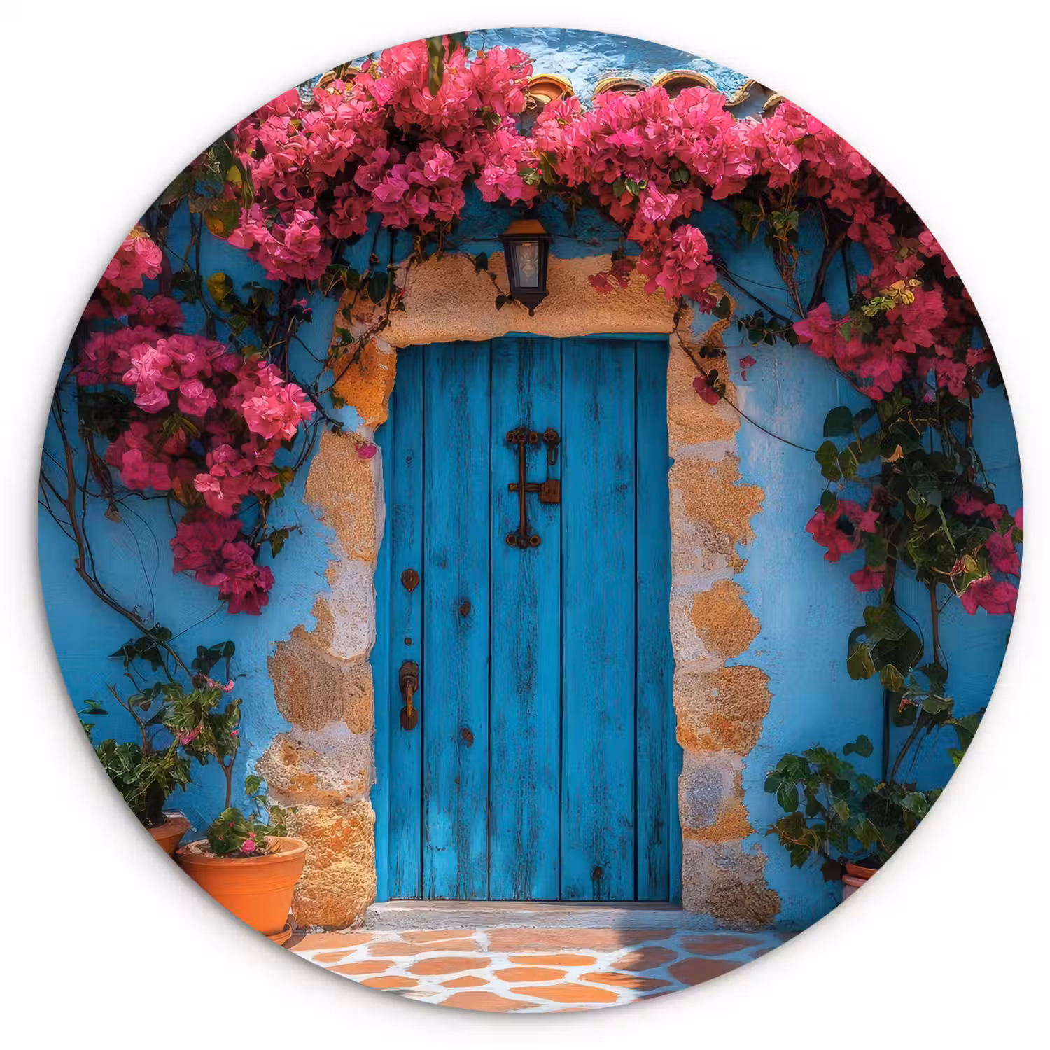 Deur - Hout - Bloemen - Blauw Wandcirkel plexiglas klein -3d