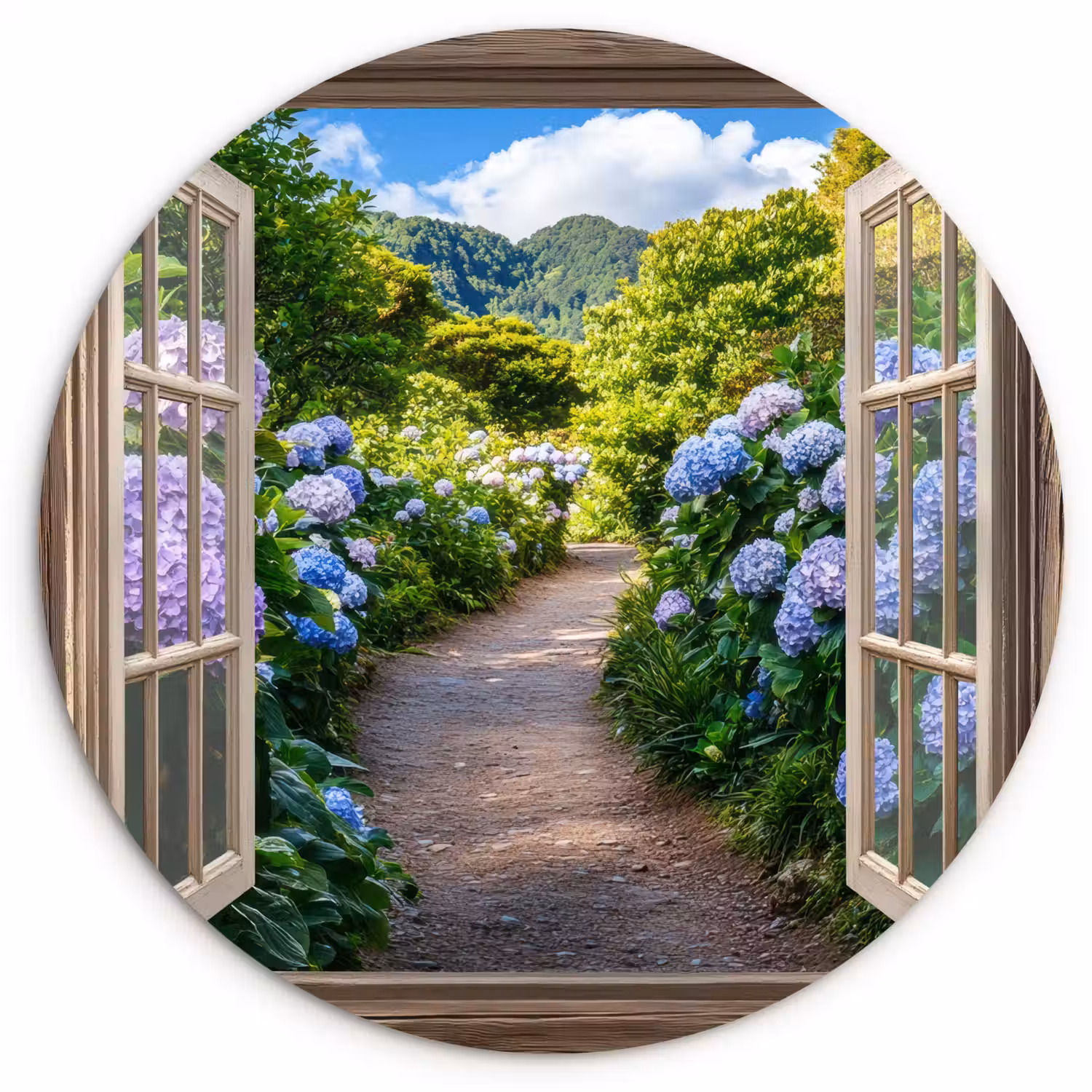 Doorkijk - Hortensia - Pad - Natuur Wandcirkel plexiglas klein -3d