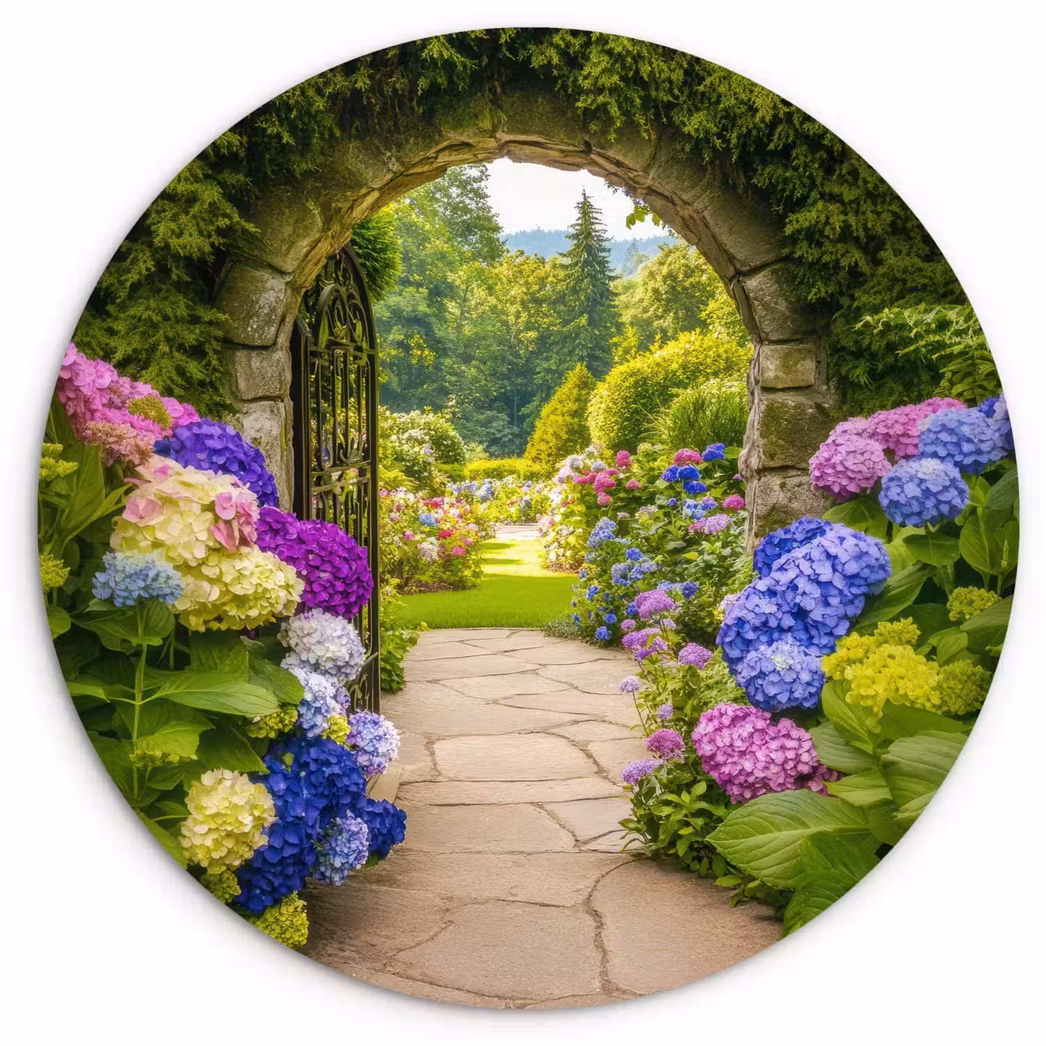 Doorkijk - Poort - Hortensia - Bloementuin Wandcirkel plexiglas klein -3d