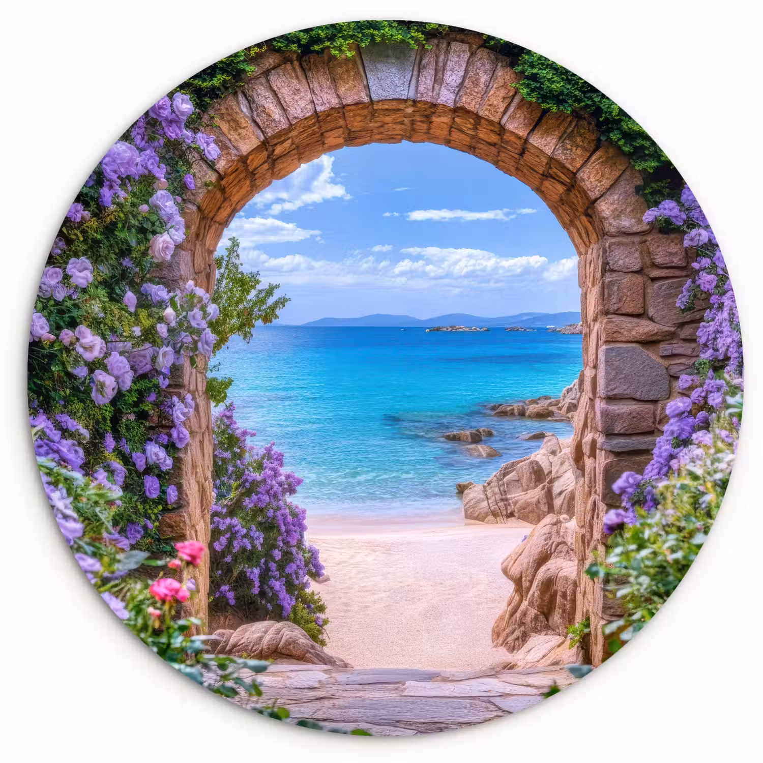 Doorkijk - Poort - Zee - Strand - Rotsen Wandcirkel plexiglas klein -3d