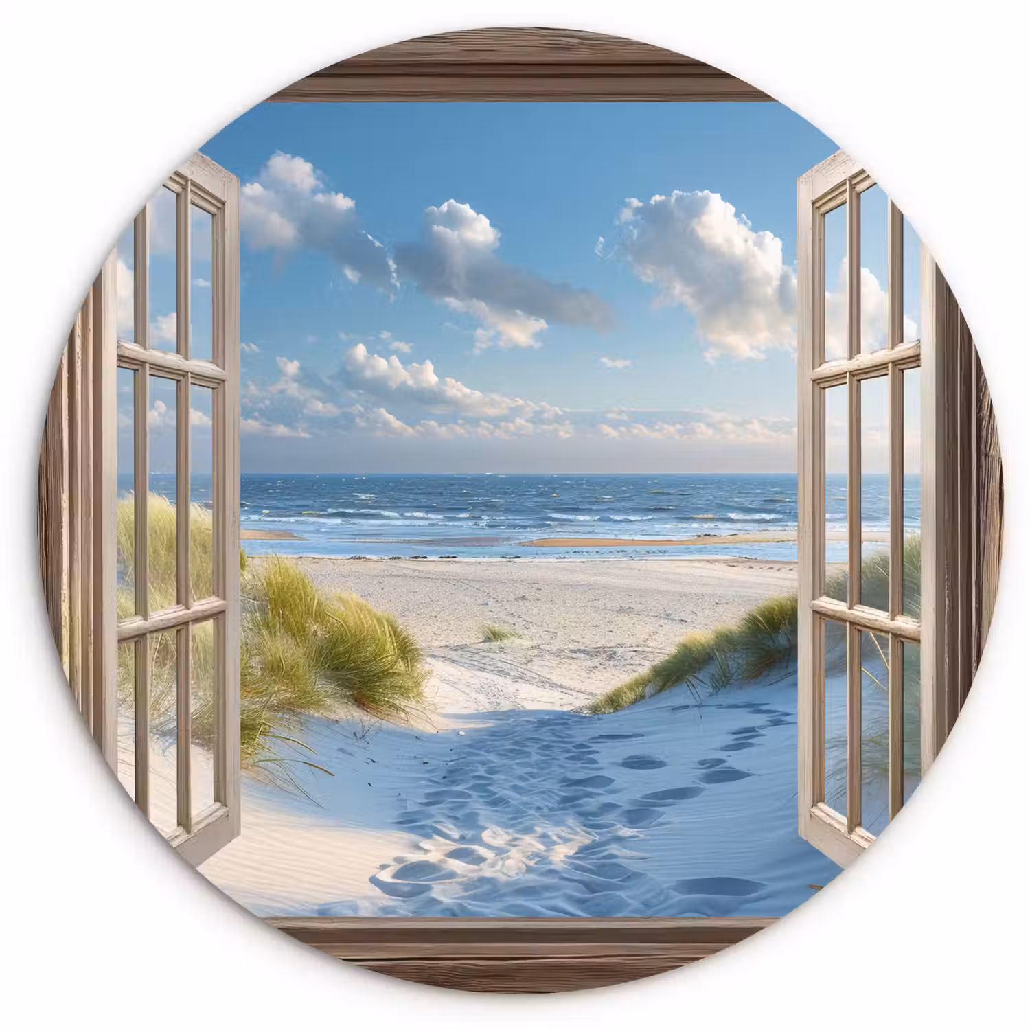 Doorkijk - Strand - Raam - Duinen - Zee Wandcirkel plexiglas klein -3d