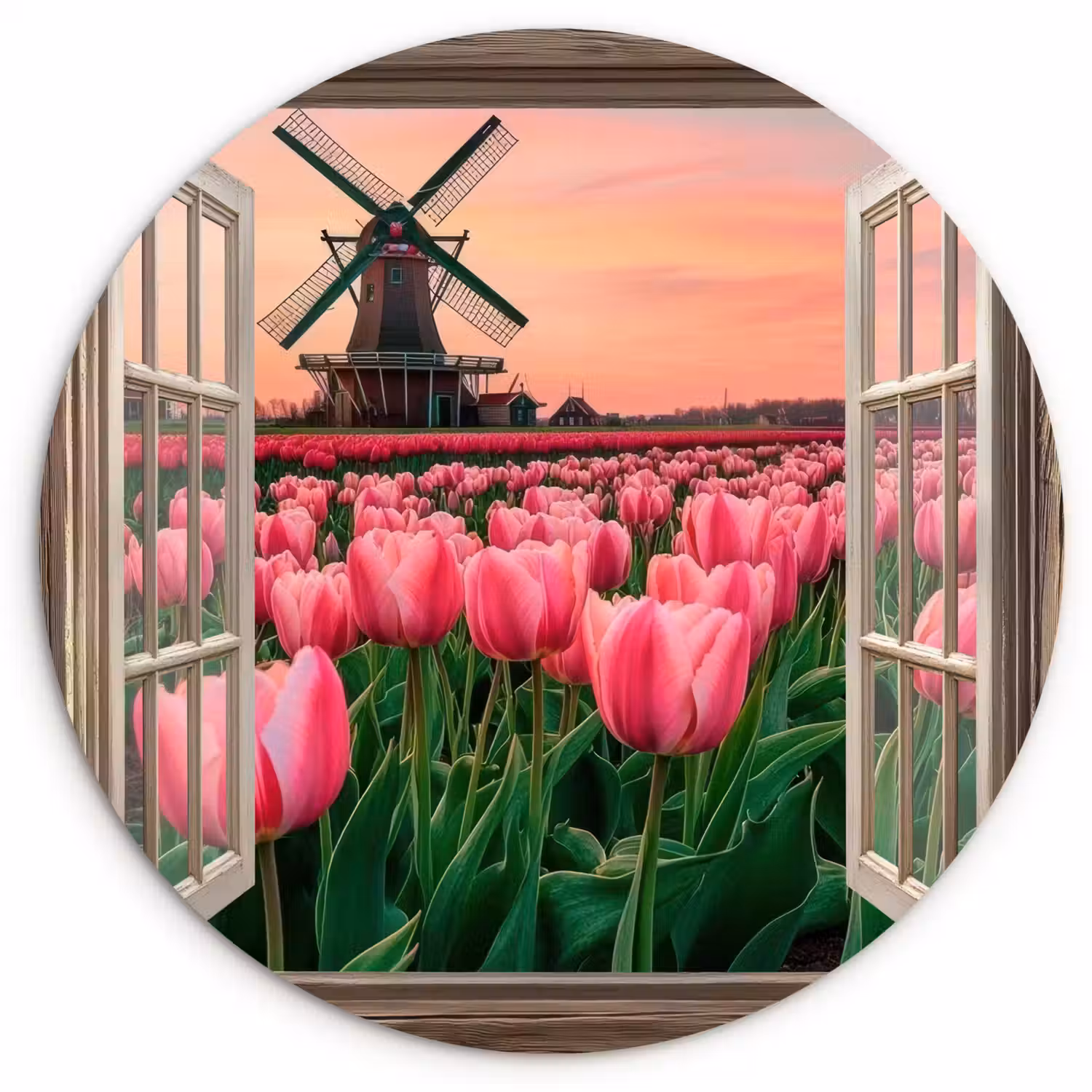 Doorkijk - Tulpen - Bloemen - Molen - Raam Wandcirkel plexiglas klein -3d