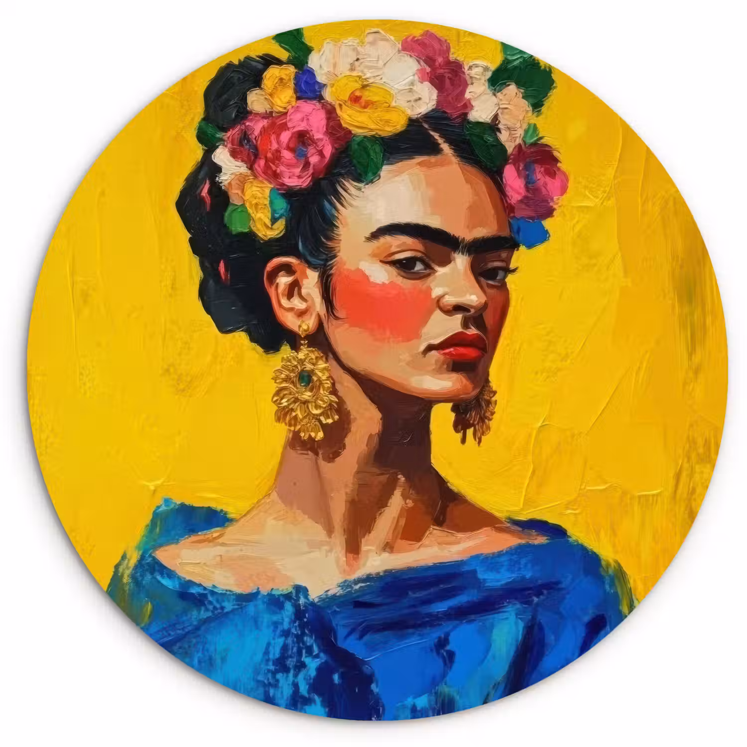 Frida Kahlo - Vrouw - Geel - Blauw - Bloemen Wandcirkel plexiglas klein -3d
