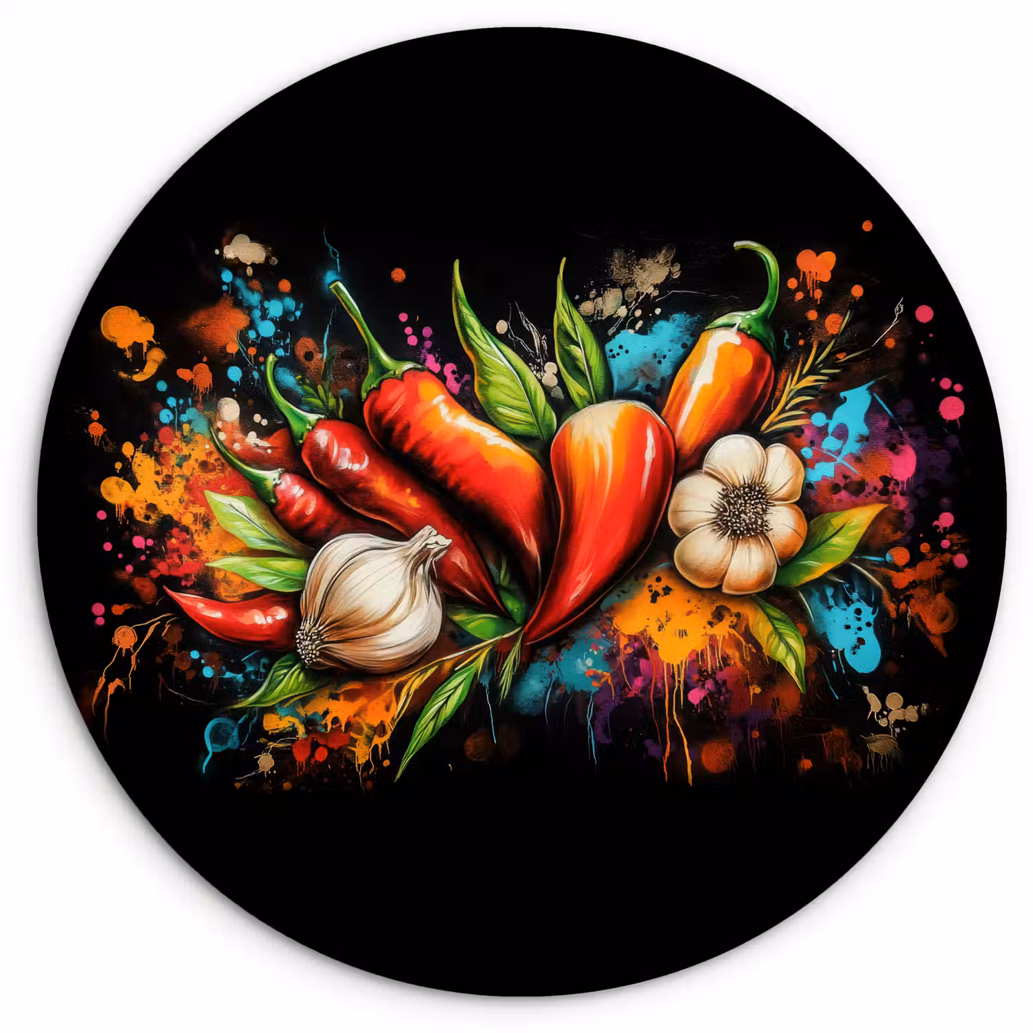 Groente - Peper - Knoflook - Graffiti - Verf - Kleurrijk Wandcirkel plexiglas klein -3d