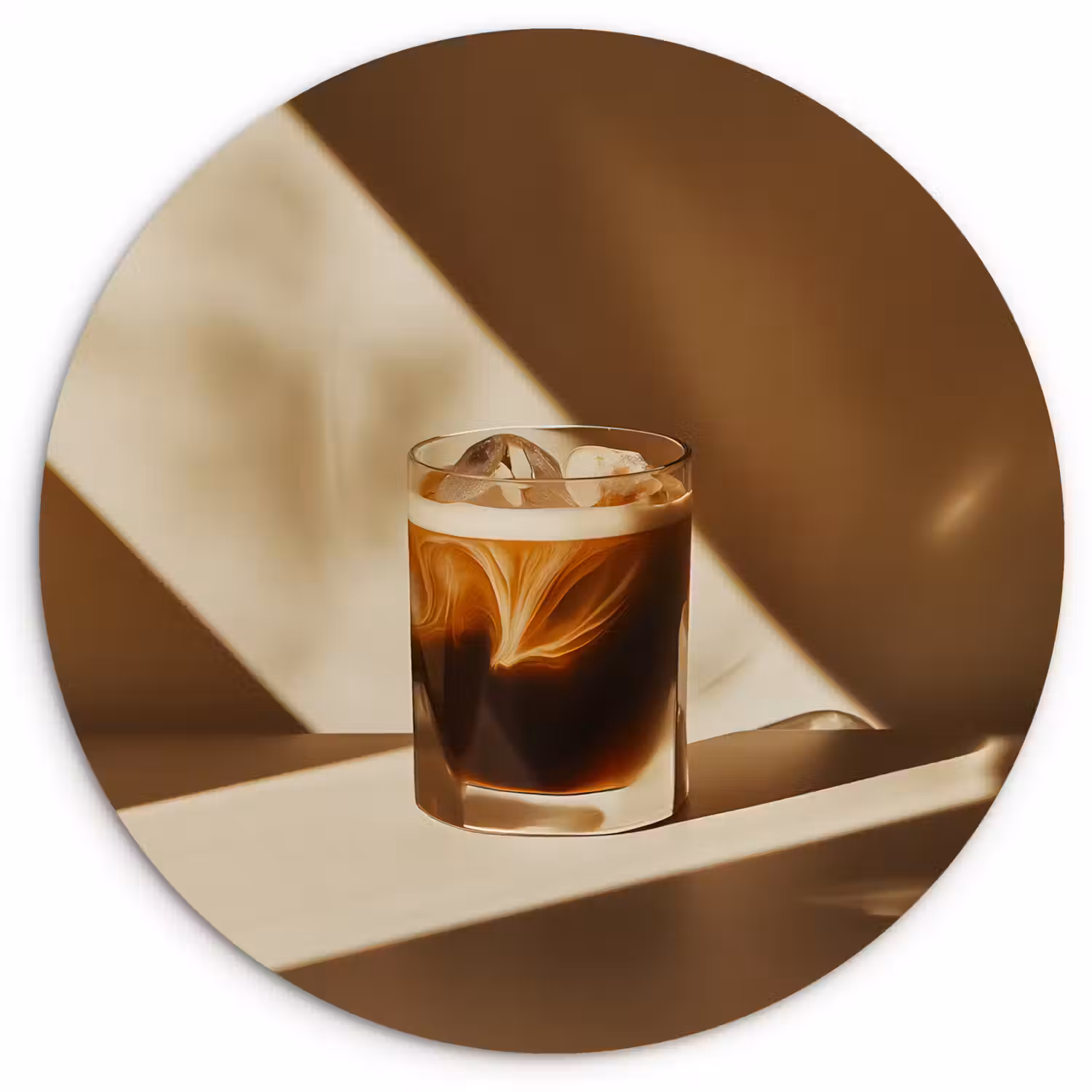 Glas - Ijskoffie - Schaduw - Bruin Wandcirkel kunststof plaat 5mm dik klein -3d