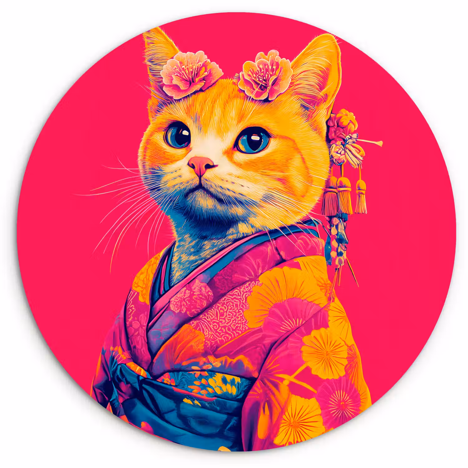 Kat - Kimono - Bloemen - Roze Wandcirkel plexiglas klein -3d