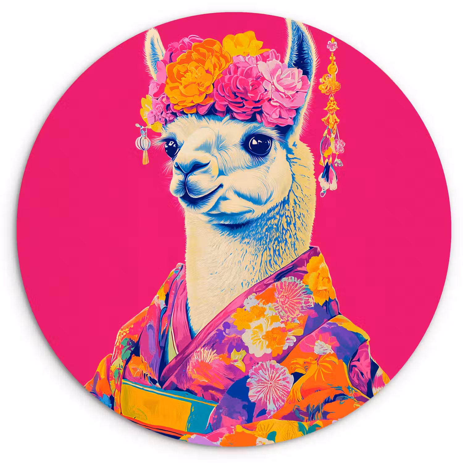 Lama - Kimono - Bloemenkrans - Felroze Wandcirkel plexiglas klein -3d