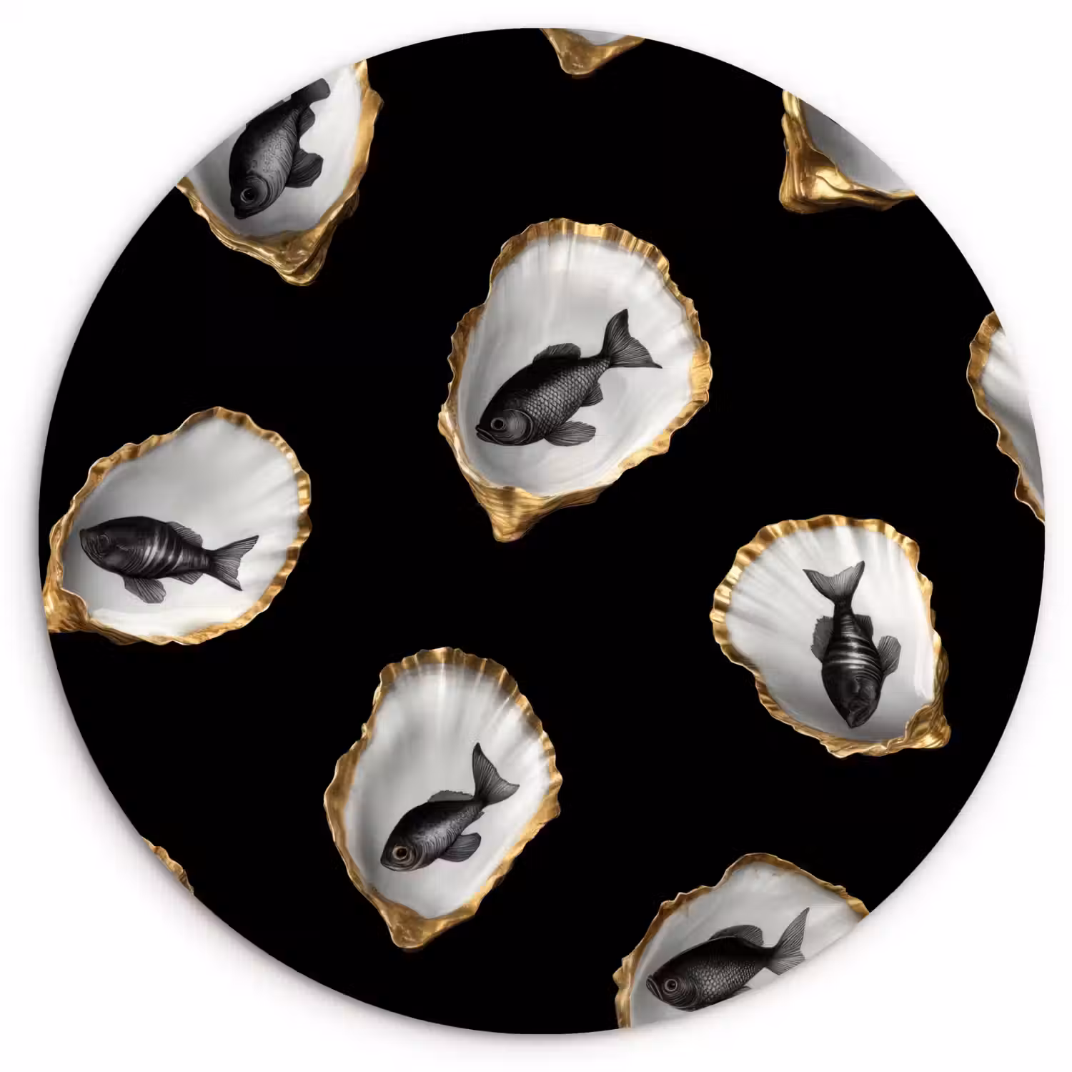 Oesters - Zwart - Vissen - Goud Wandcirkel plexiglas klein -3d