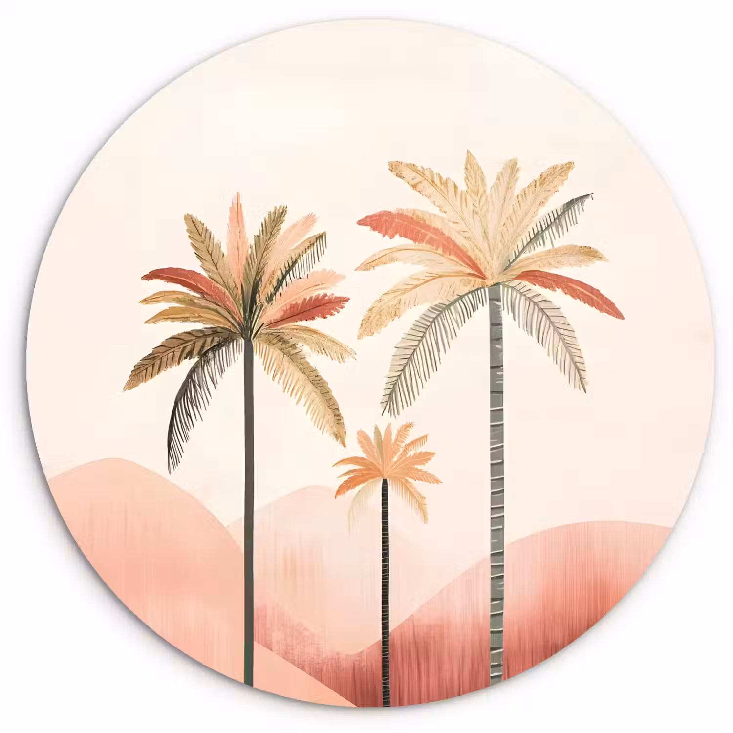 Palmbomen - Heuvels - Minimalistisch - Zachtroze Wandcirkel plexiglas klein -3d