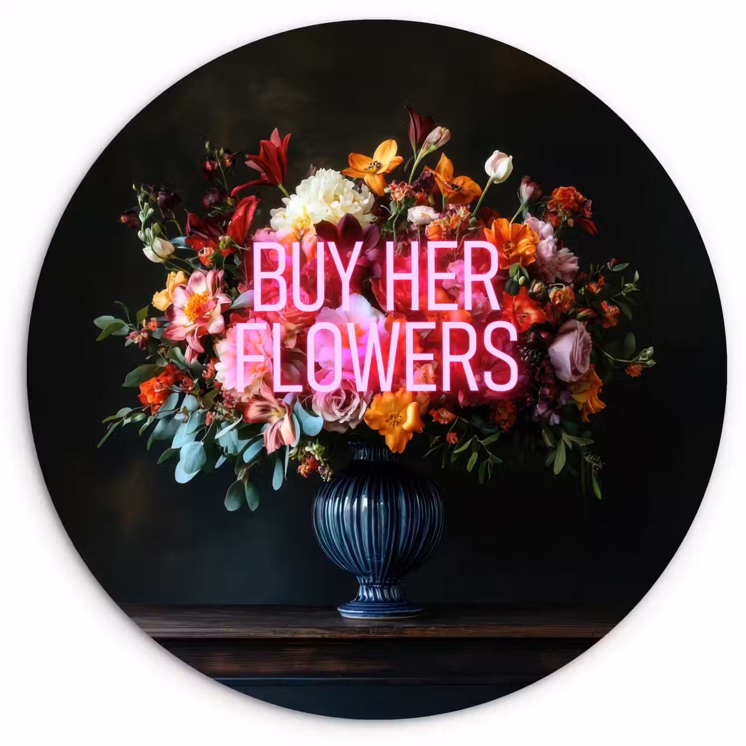Quote - Bloemen - Vaas - Neon Wandcirkel plexiglas klein -3d