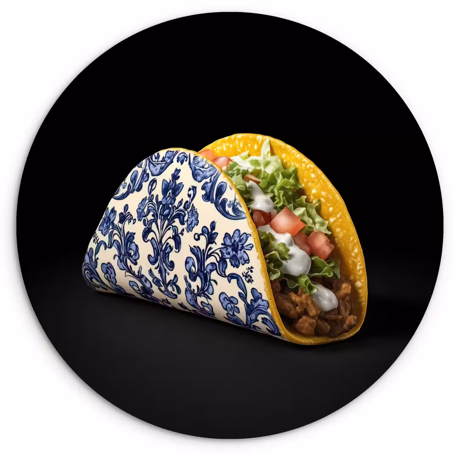 Taco - Vlees - Salade - Delftsblauw - Motief Wandcirkel plexiglas klein -3d