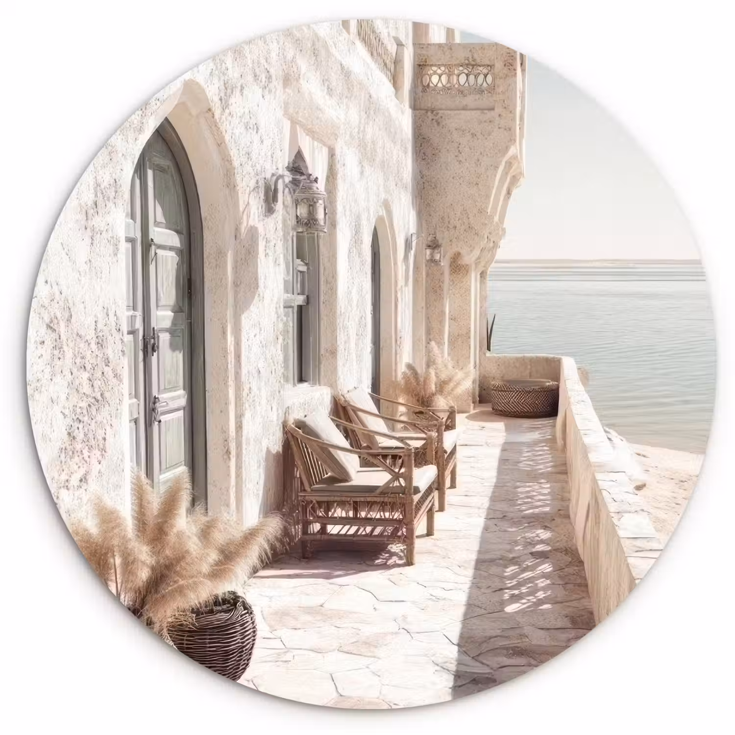 Terras - Stoelen - Strand - Beige Wandcirkel plexiglas klein -3d