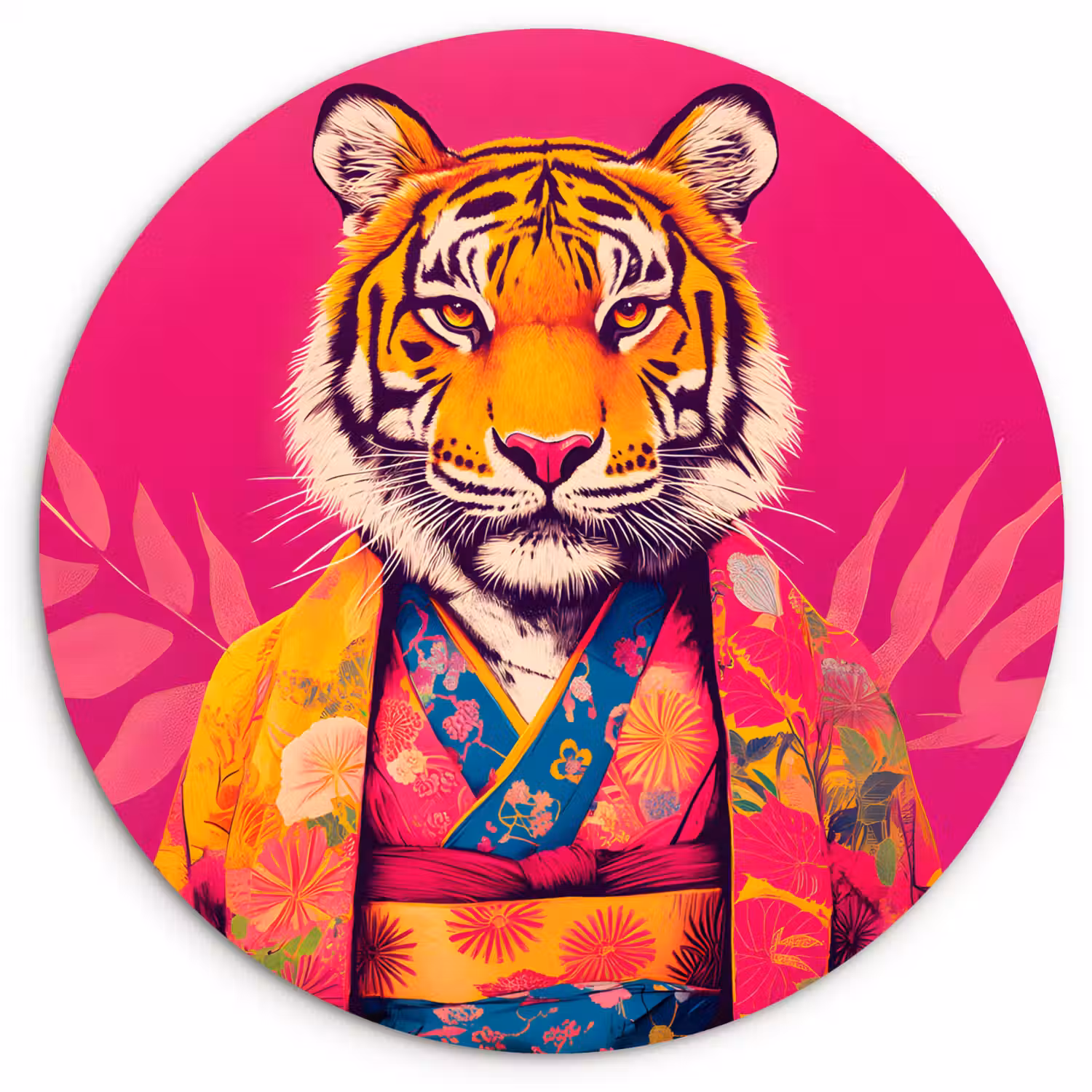 Tijger - Kimono - Planten - Roze Wandcirkel plexiglas klein -3d
