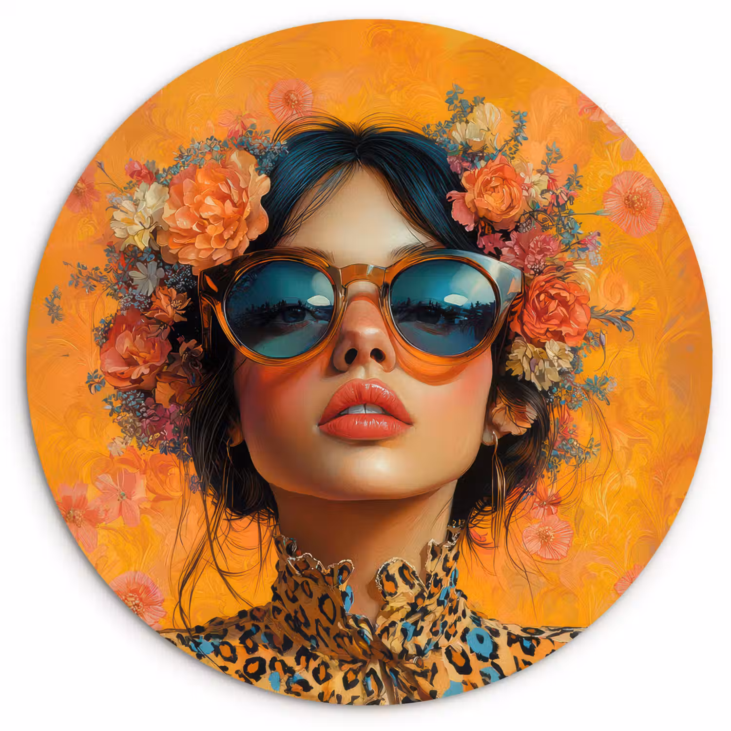 Vrouw - Bloemen - Aesthetic - Oranje Wandcirkel plexiglas klein -3d